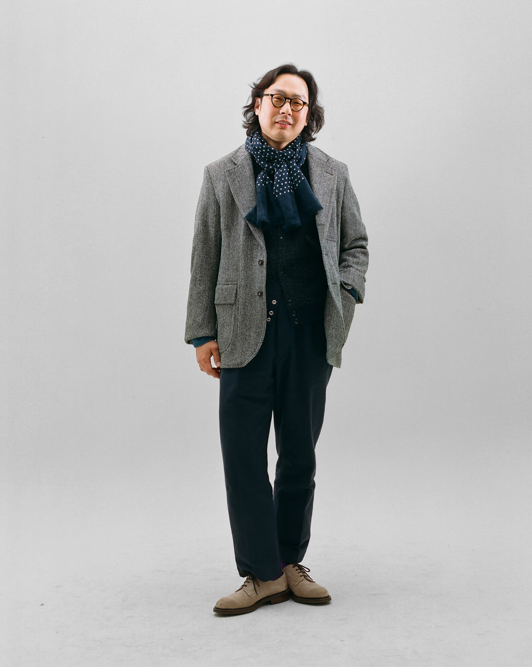 Navy Hand-Drawn Polka Dot Wool-Silk Scarf - Image 5