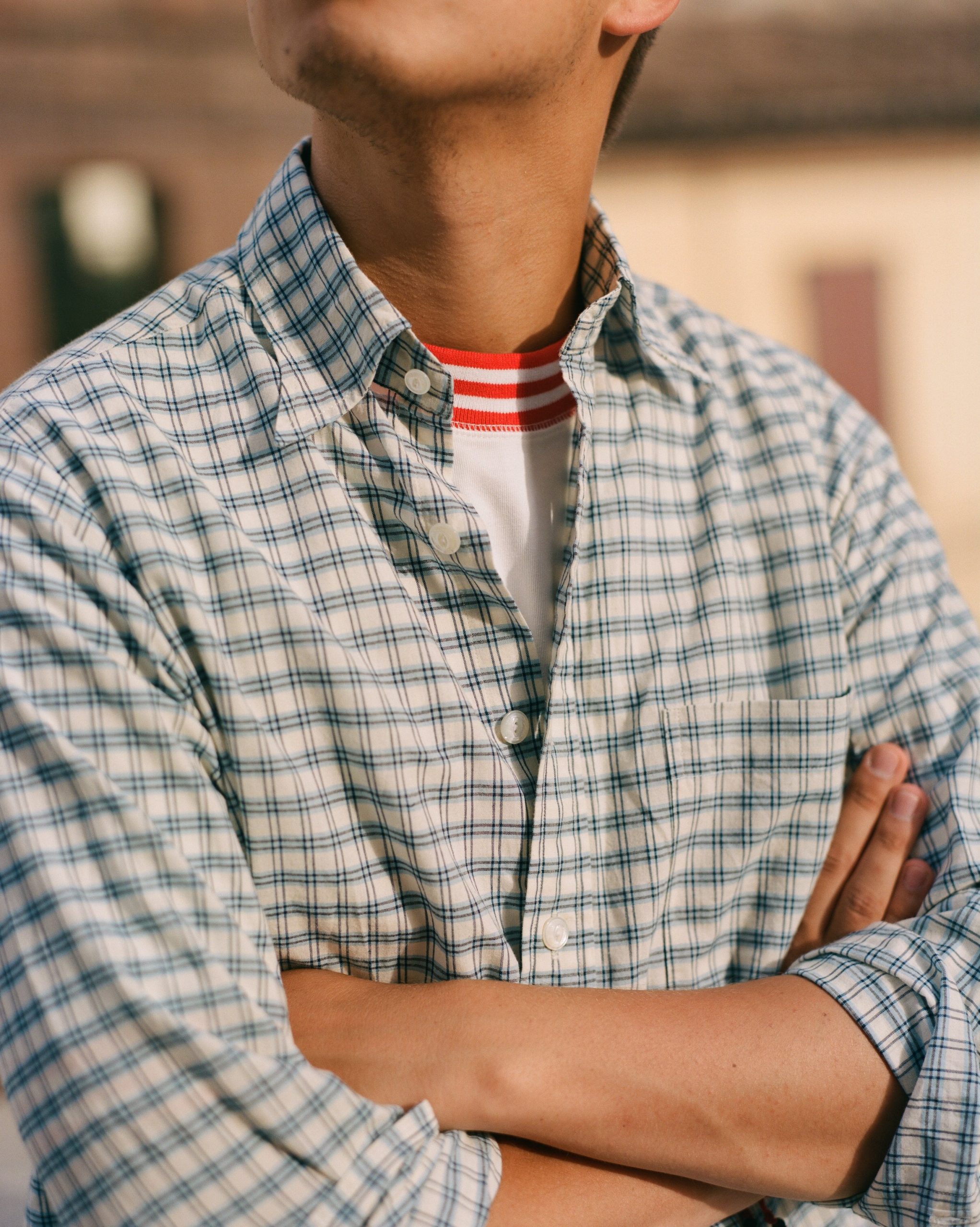 Blue and White Madras Check Cotton Long Point Collar Shirt - Image 6