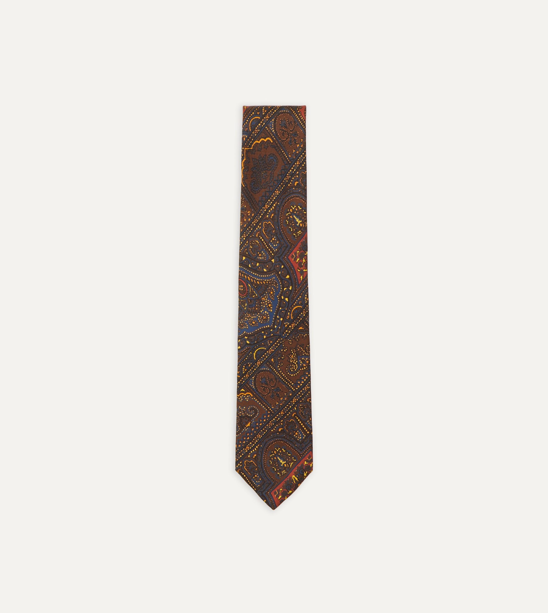 Brown. Navy and Red Paisley Print Madder Twill Silk Tie