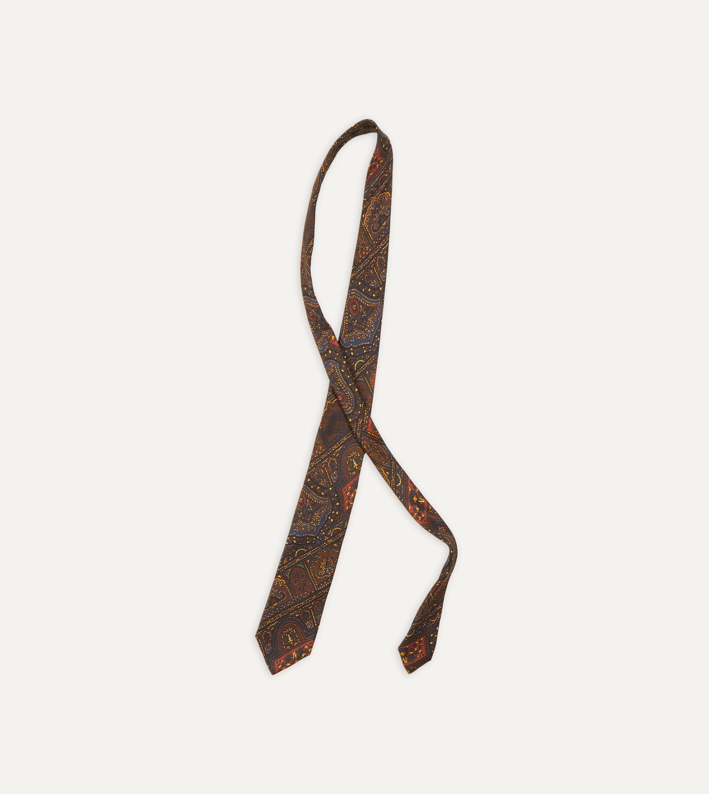 Brown. Navy and Red Paisley Print Madder Twill Silk Tie - Image 4
