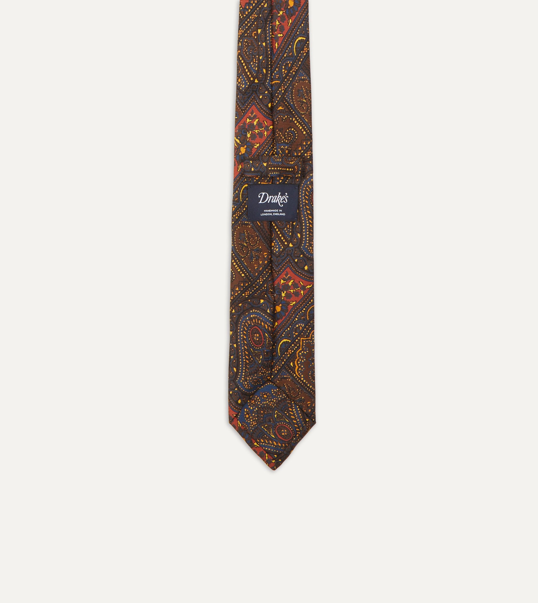 Brown. Navy and Red Paisley Print Madder Twill Silk Tie - Image 5