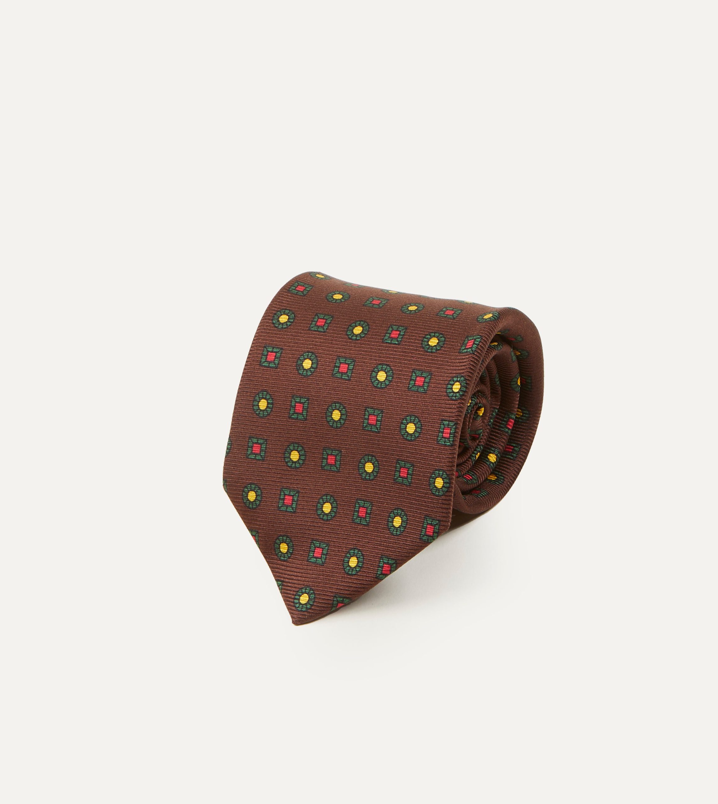 Brown and Green Geometric Medallion Print Madder Twill Silk Tie - Image 2
