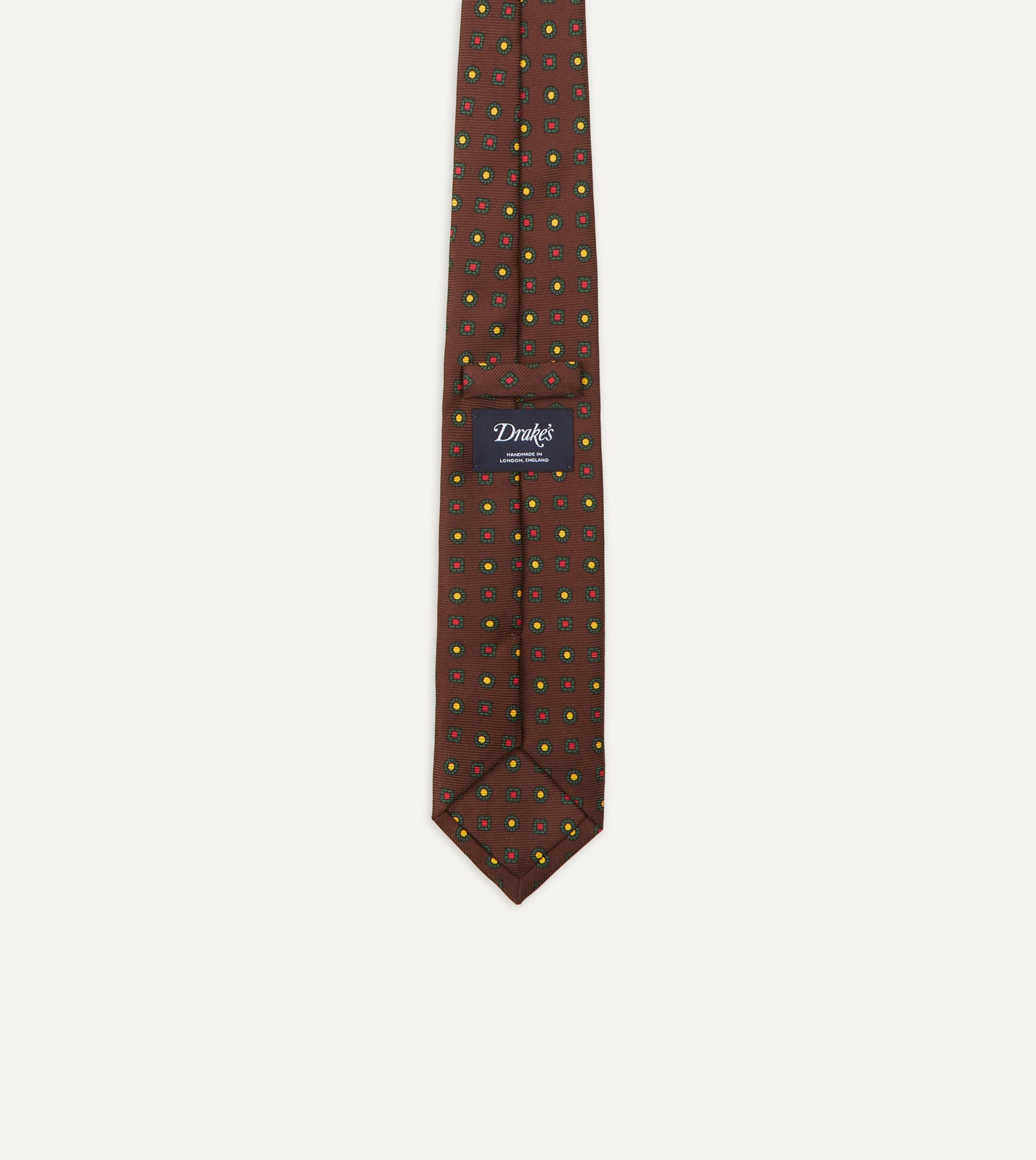 Brown and Green Geometric Medallion Print Madder Twill Silk Tie - Image 5