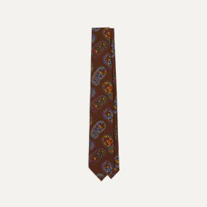 Brown Large Paisley Print Silk Self Tipped Tie