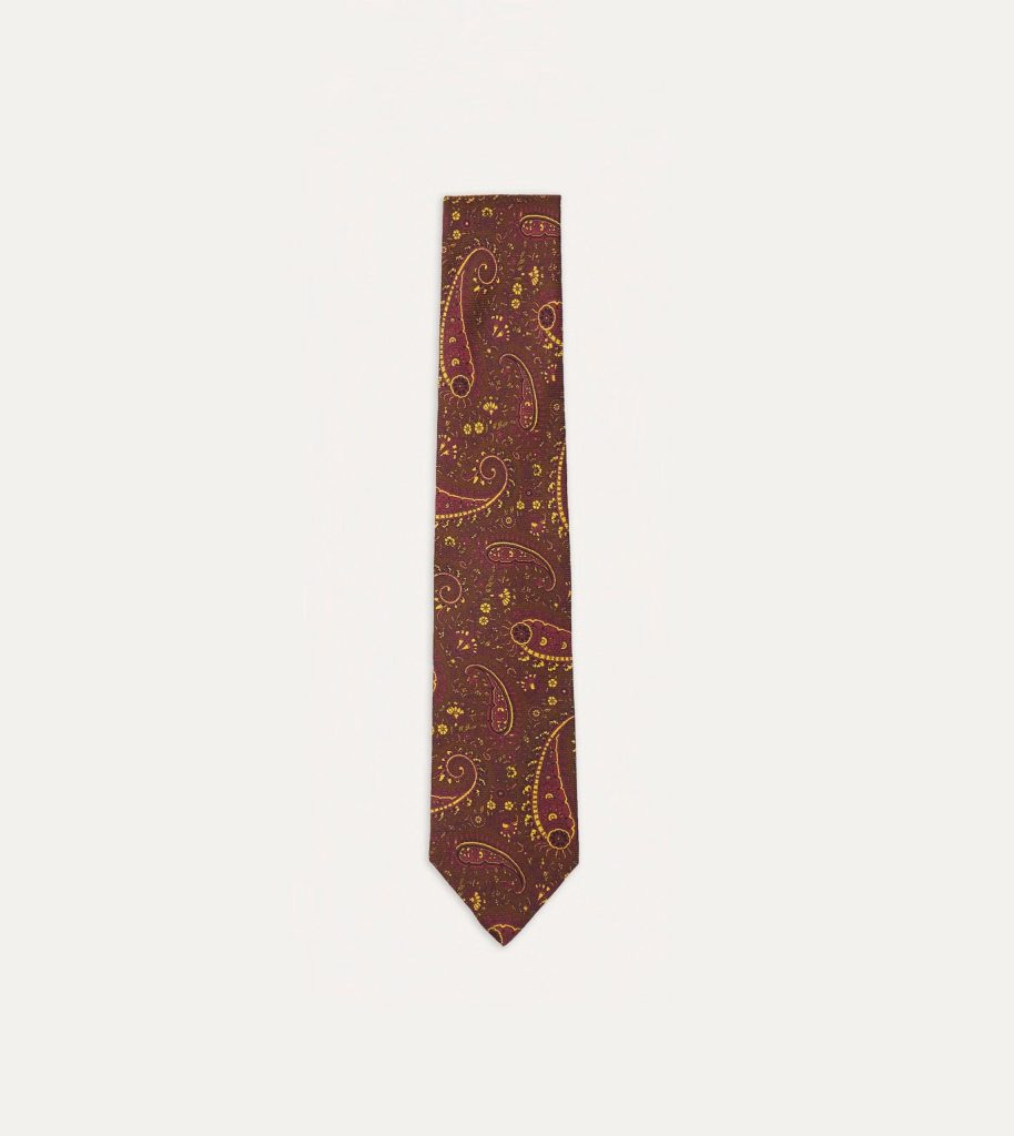 Brown. Red and Yellow Paisley Print Madder Twill Silk Tie