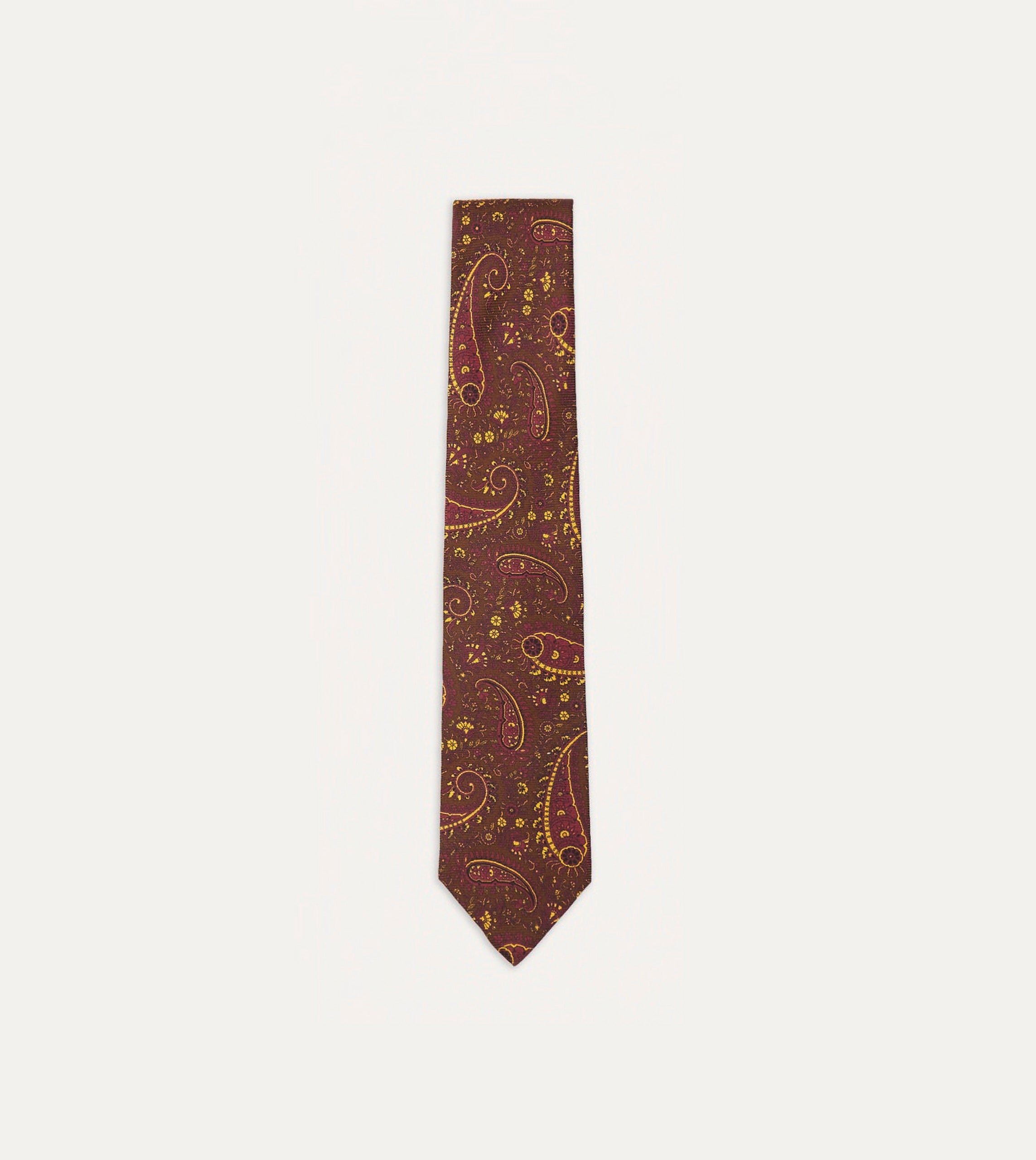 Brown. Red and Yellow Paisley Print Madder Twill Silk Tie
