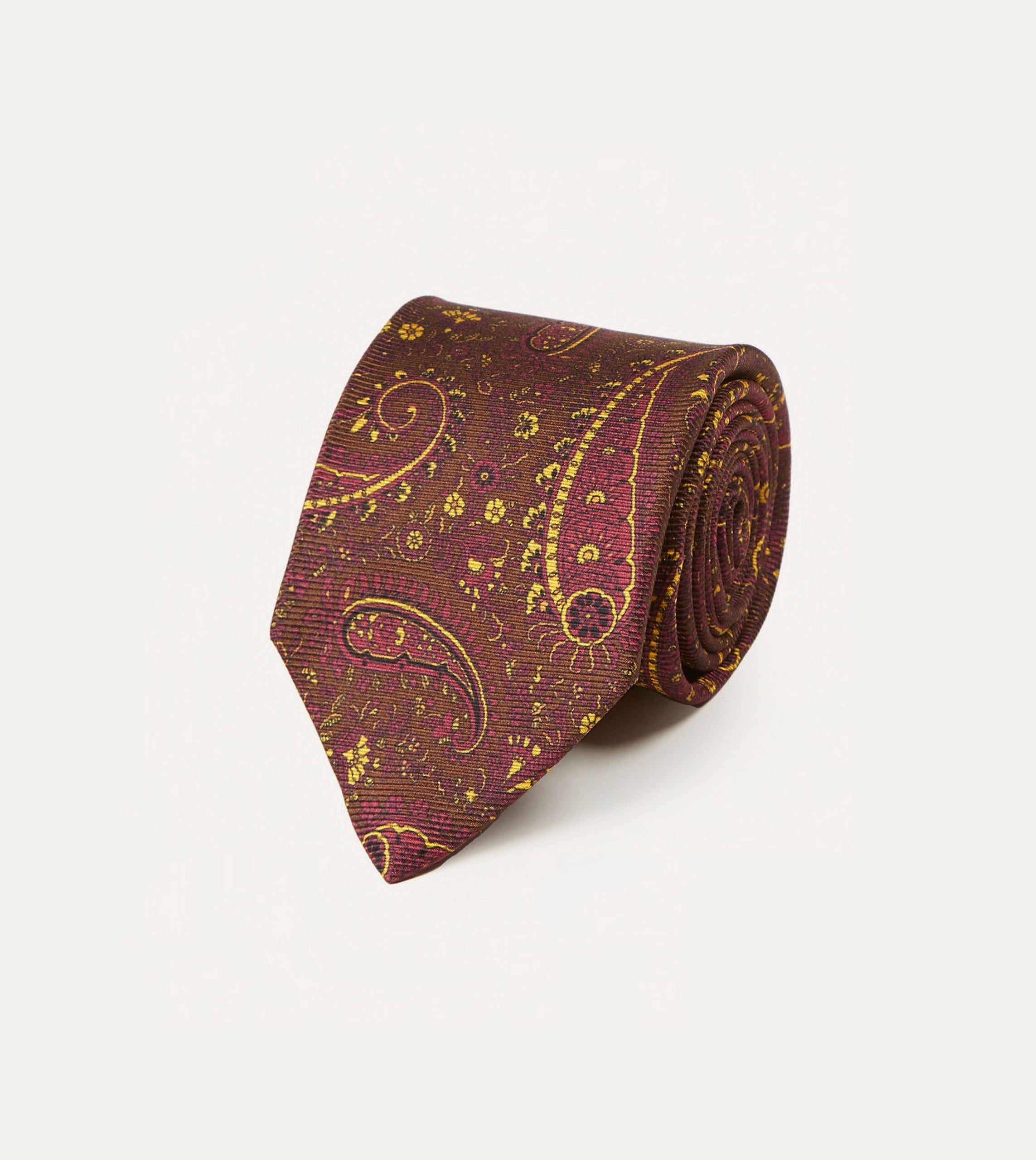Brown. Red and Yellow Paisley Print Madder Twill Silk Tie - Image 2