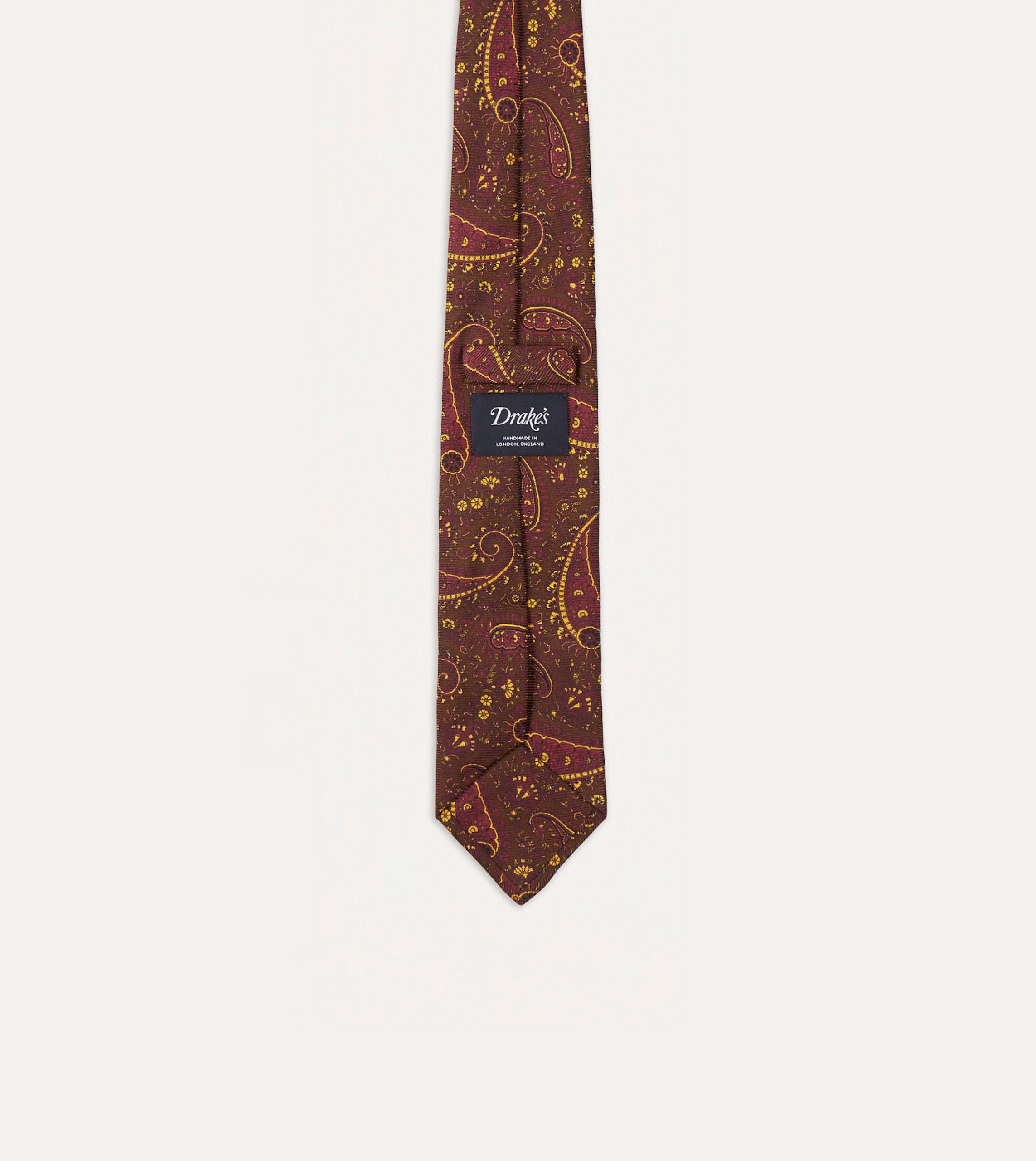 Brown. Red and Yellow Paisley Print Madder Twill Silk Tie - Image 5
