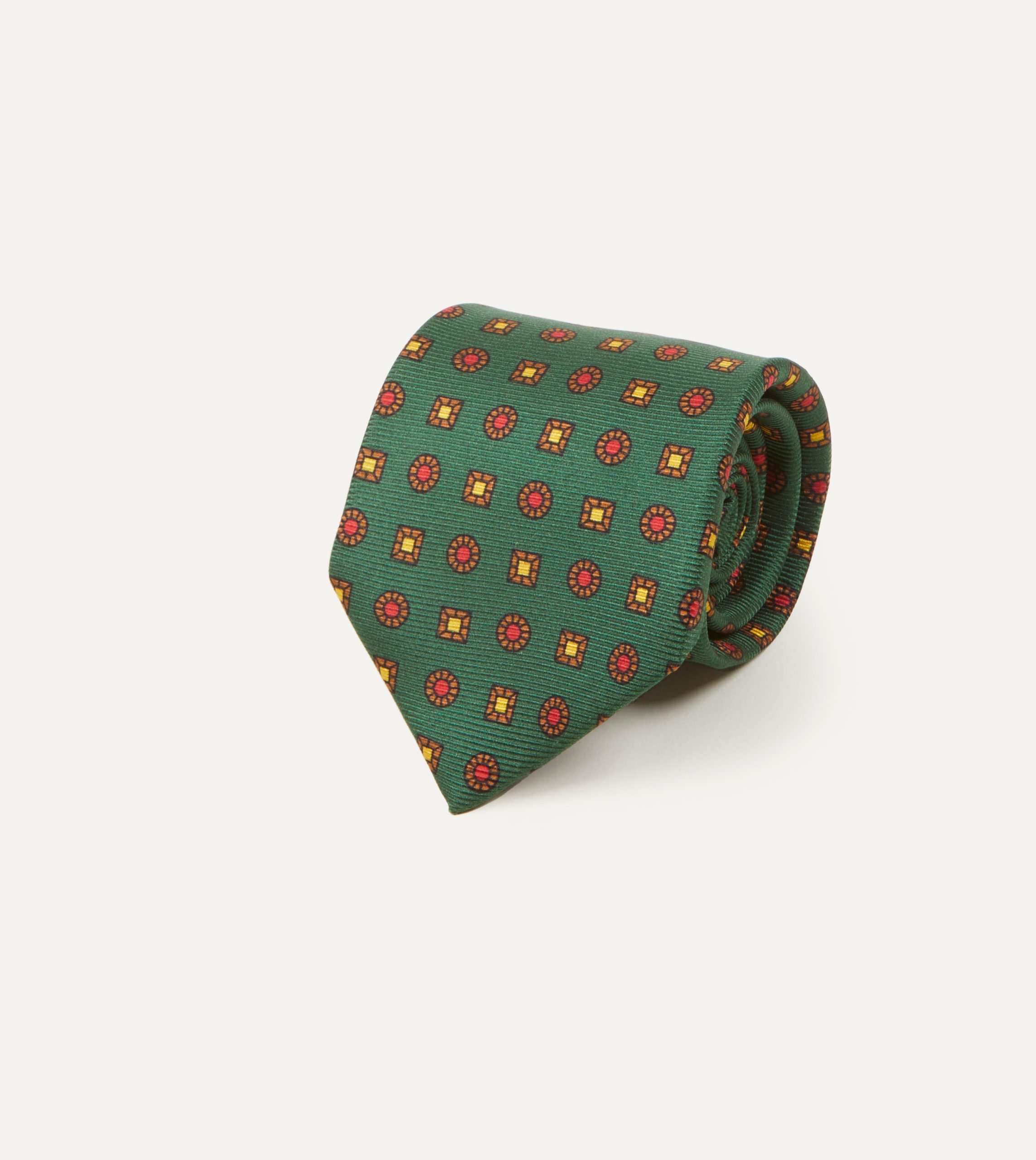 Green and Red Geometric Medallion Print Madder Twill Silk Tie - Image 2