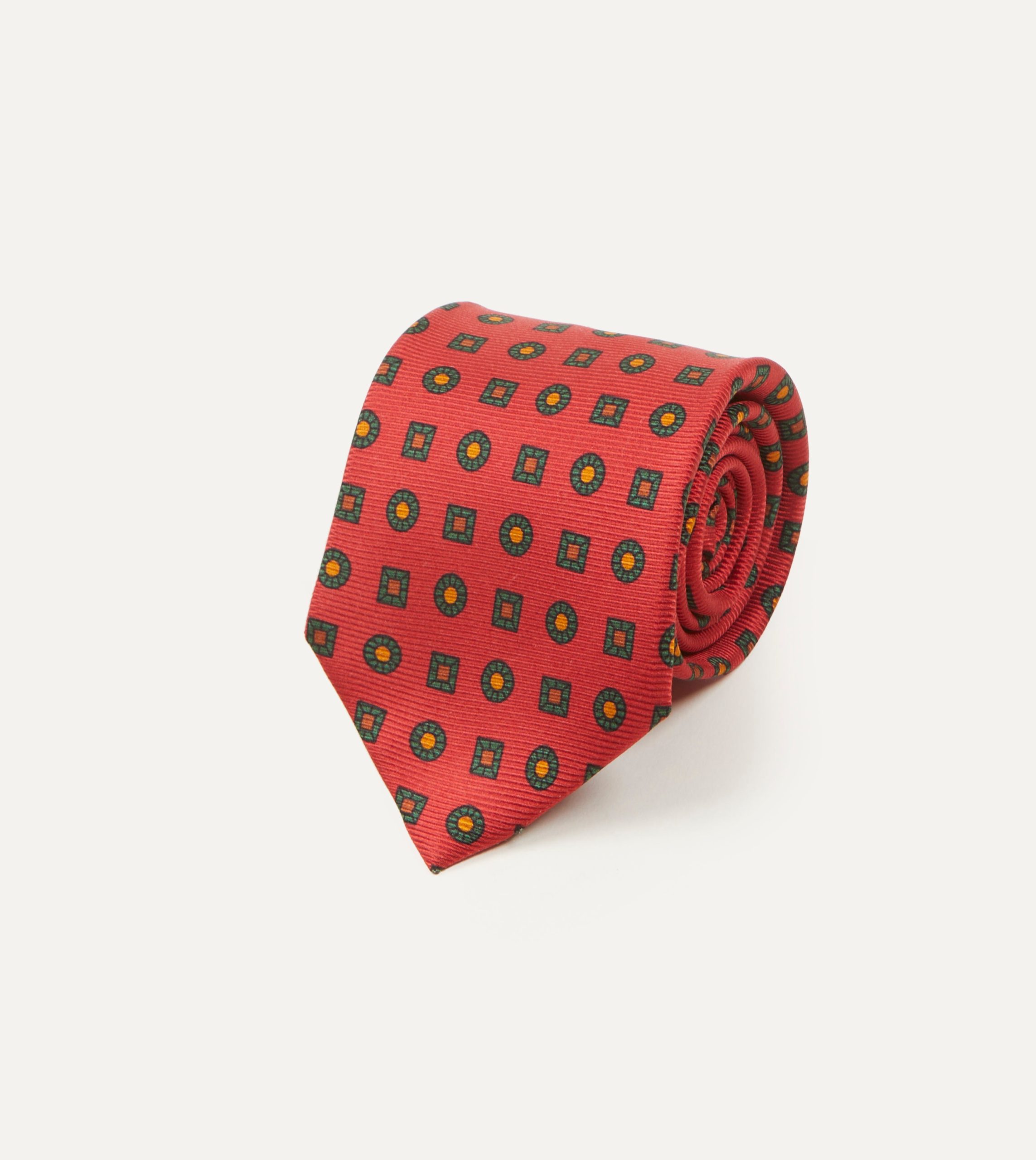 Red and Green Geometric Medallion Print Madder Twill Silk Tie - Image 2