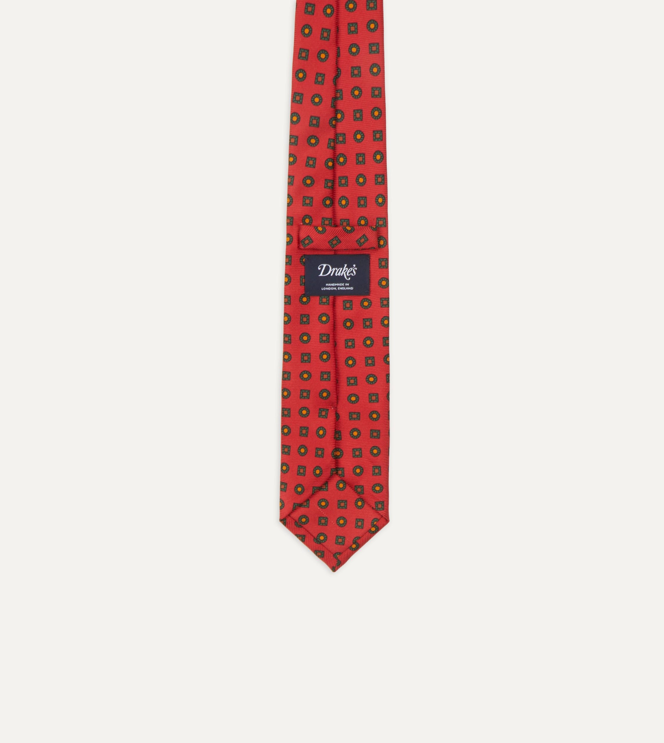 Red and Green Geometric Medallion Print Madder Twill Silk Tie - Image 5