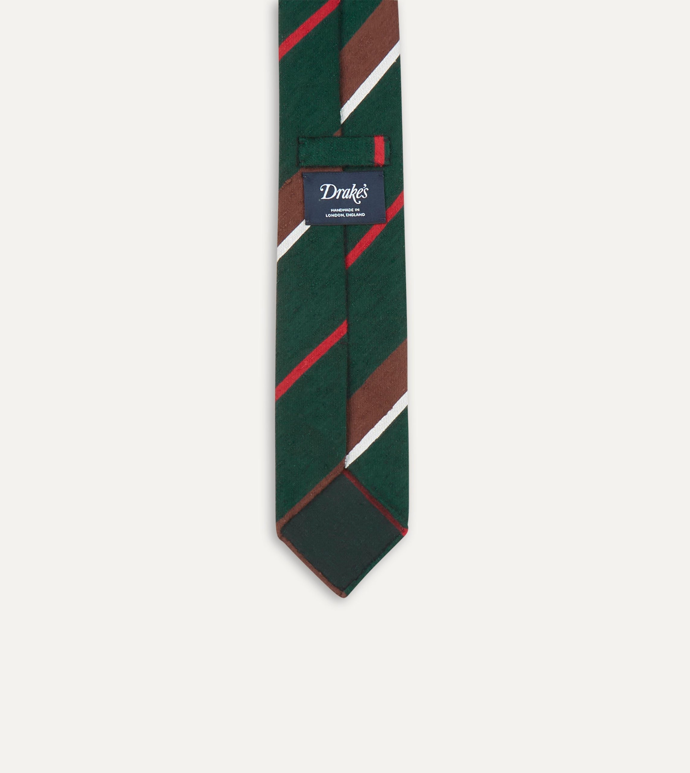Green. Brown and White Stripe Shantung Silk Tie - Image 6