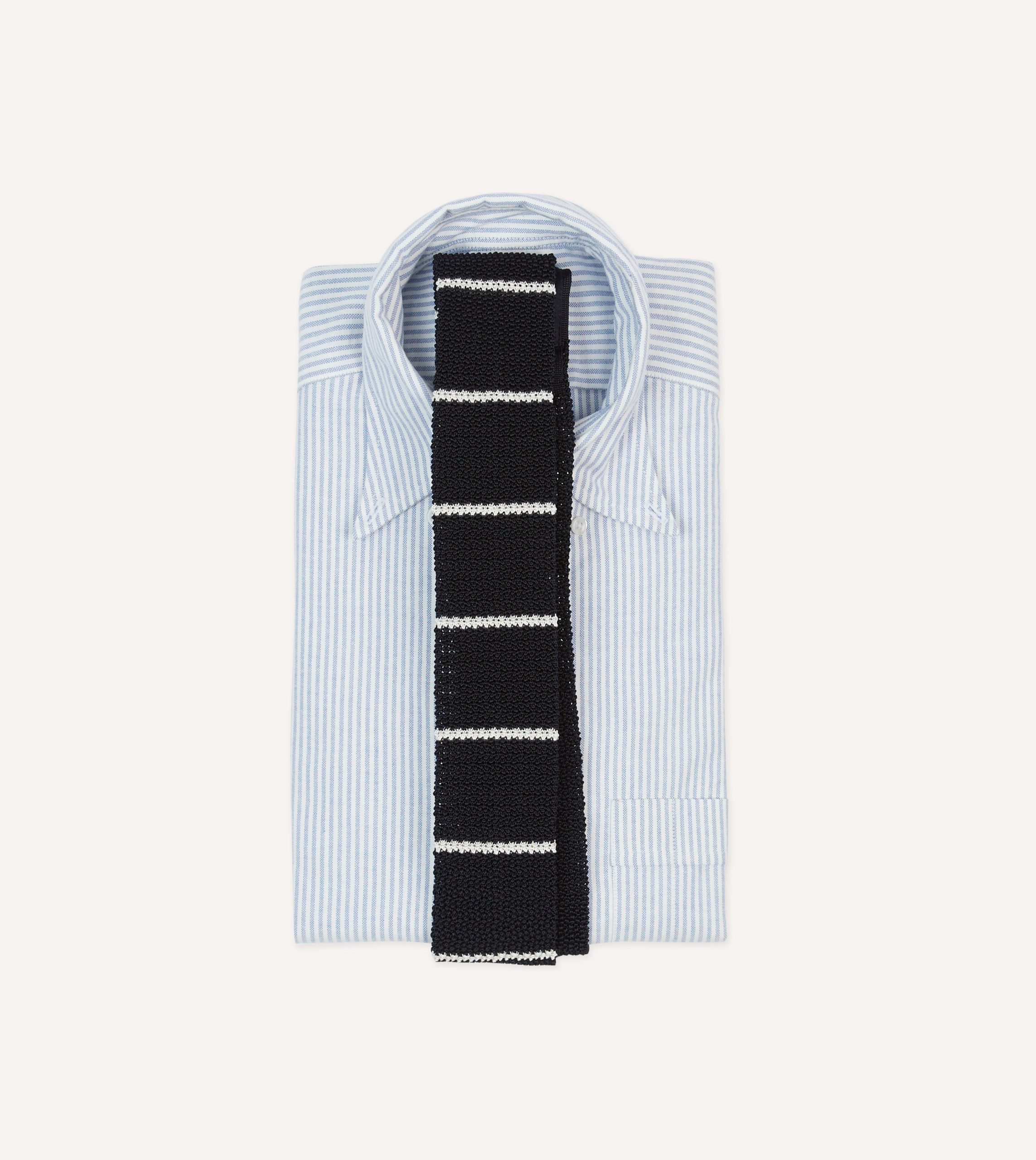 St. JOHN by Drake's Navy Butcher's Stripe Knitted Silk Tie - Image 2
