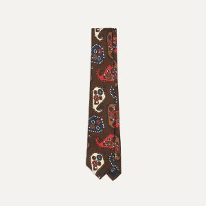 Brown Geometric Paisley Print Twill Silk Tipped Tie