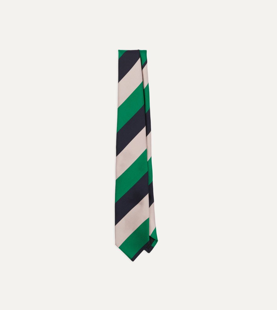 Bright Green. Navy and White Stripe Tipped Repp Silk Tie