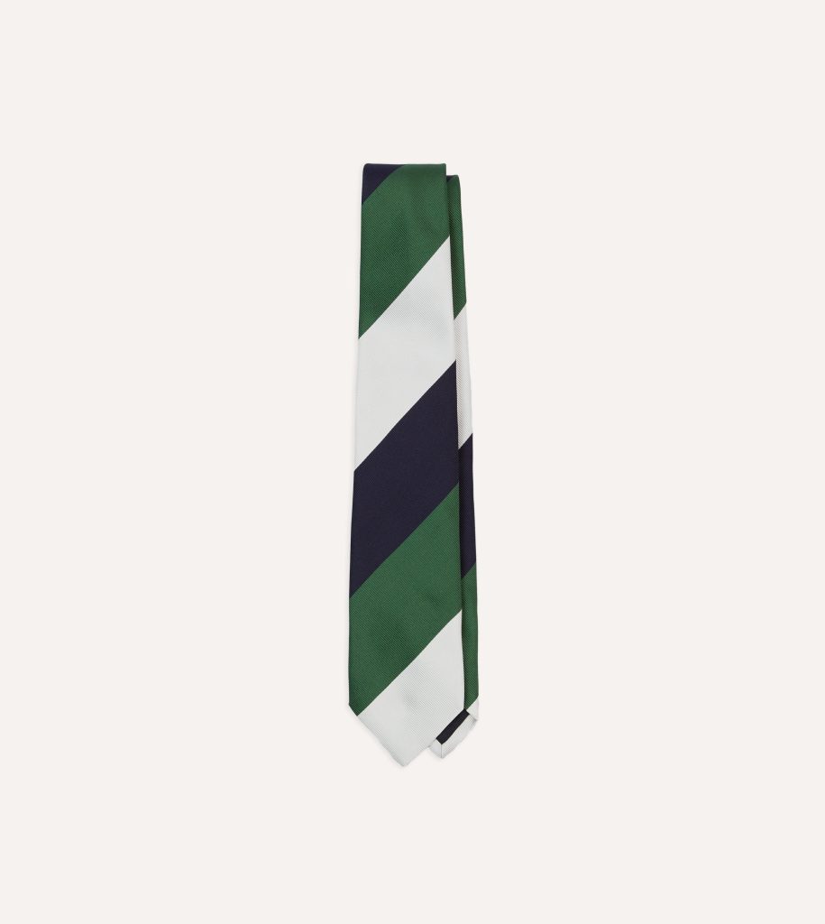 White. Navy and Green Wide Stripe Repp Silk Tipped Tie