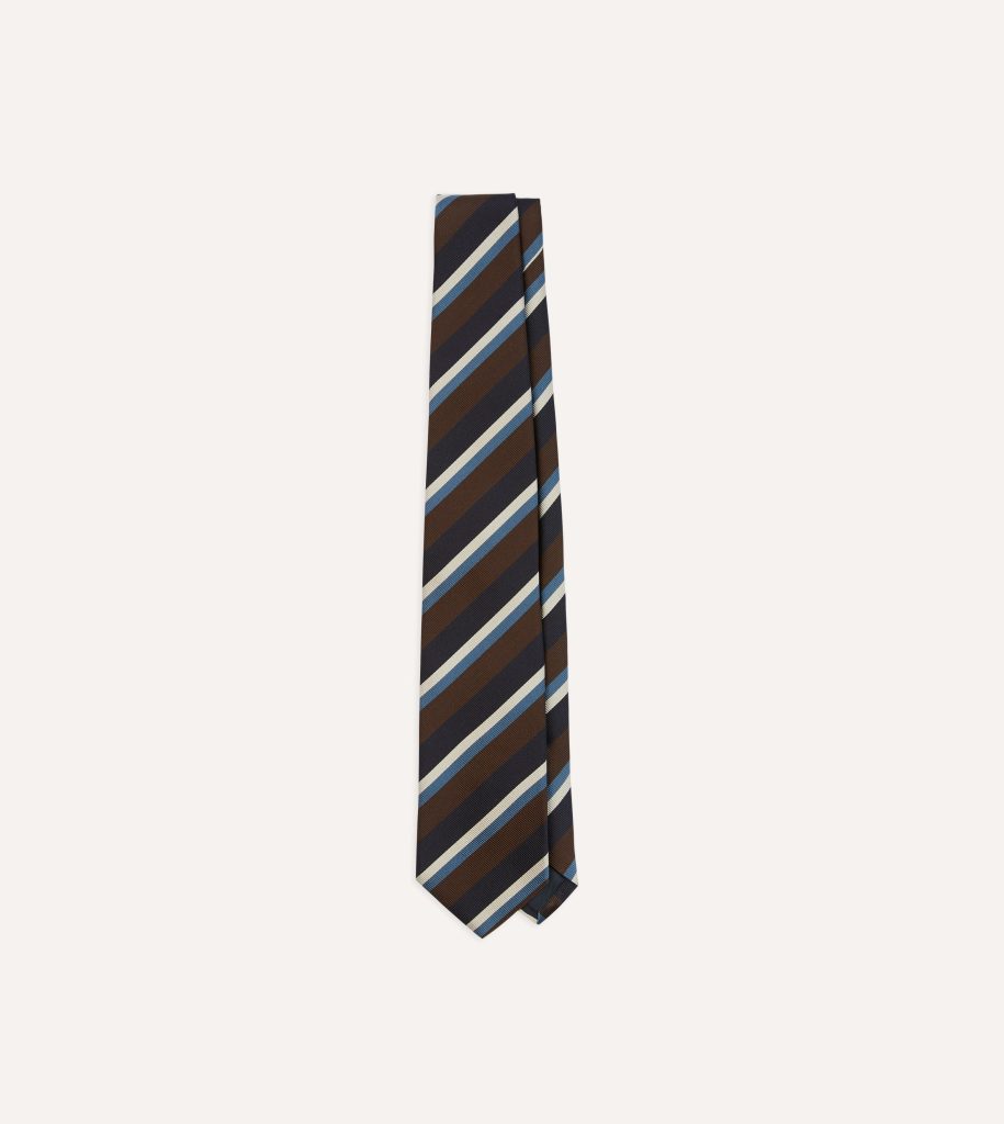 Brown. Blue and White Multi Stripe Mogador Silk Tipped Tie
