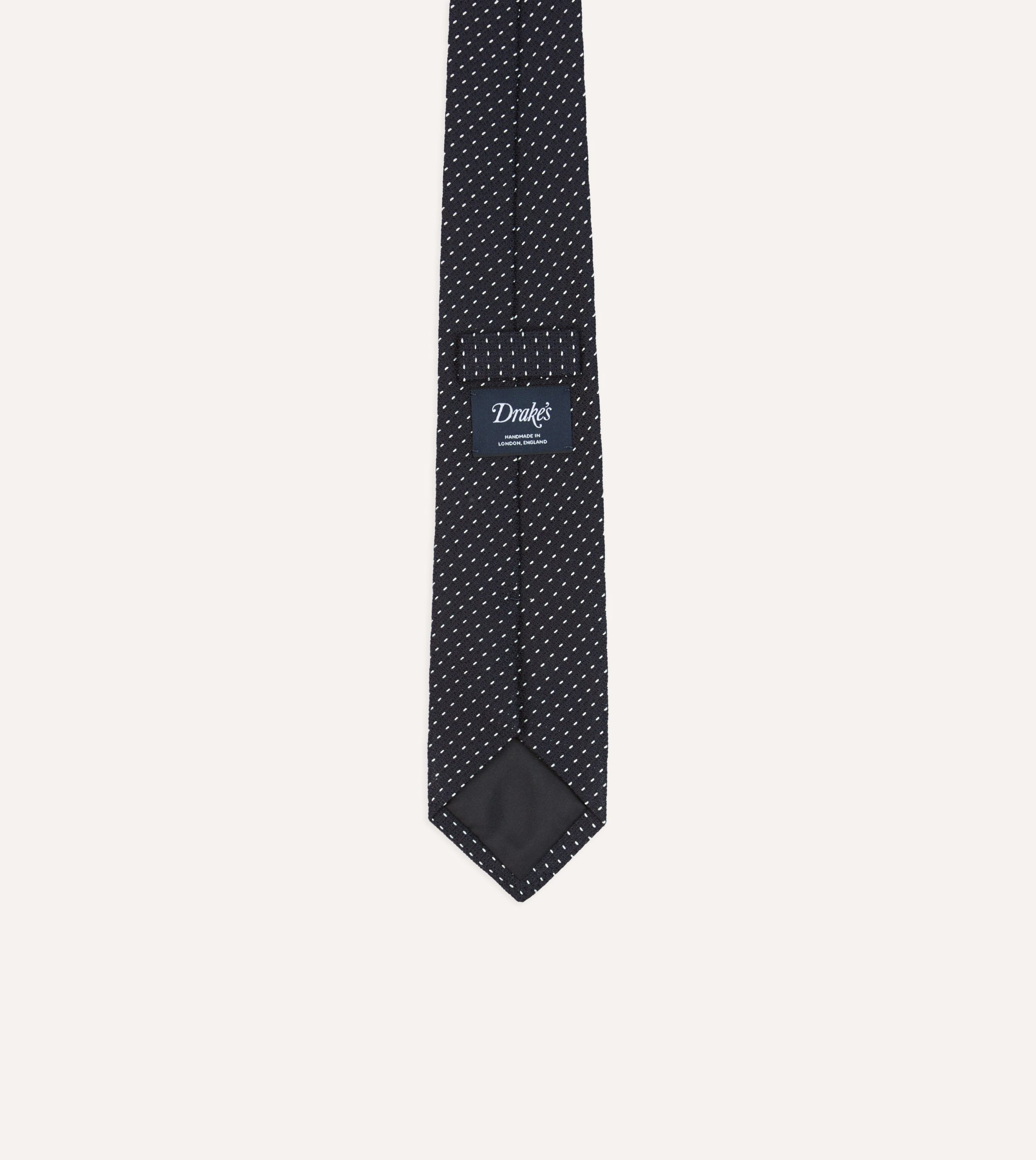 Navy and White Stitch Fine Woven Grenadine Silk Tipped Tie - Image 4