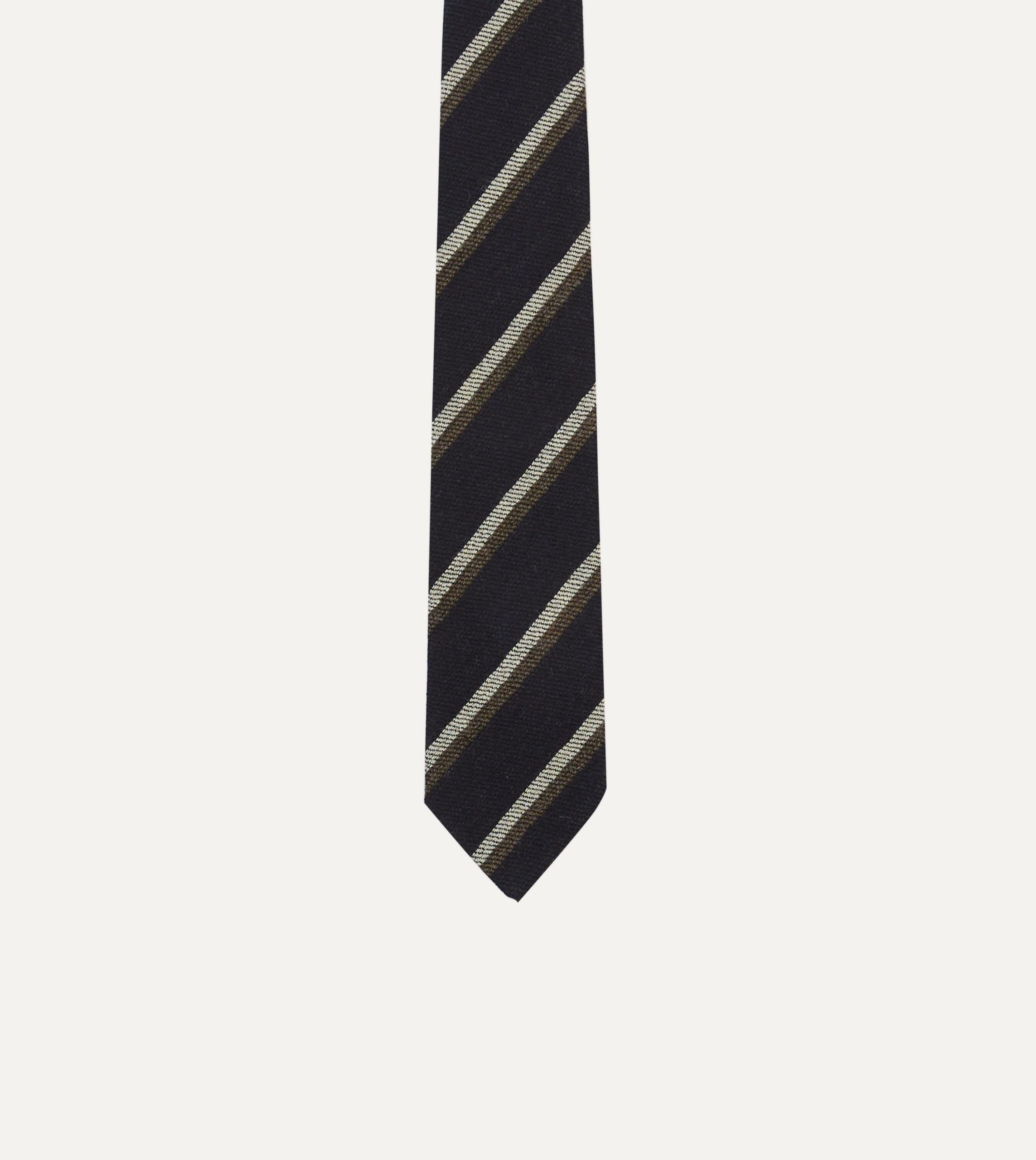 Navy. White and Brown Double Stripe Tipped Wool Tie - Image 3