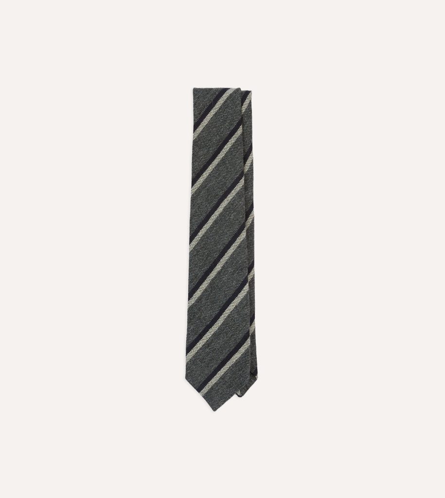 Grey. Navy and White Double Stripe Tipped Wool Tie