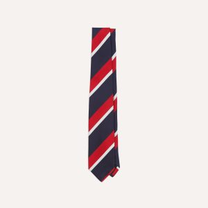 Navy. Red and White Double Broad Stripe Mogador Silk Tipped Tie