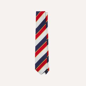 Navy. Red and White Block Stripe Repp Silk Tipped Tie