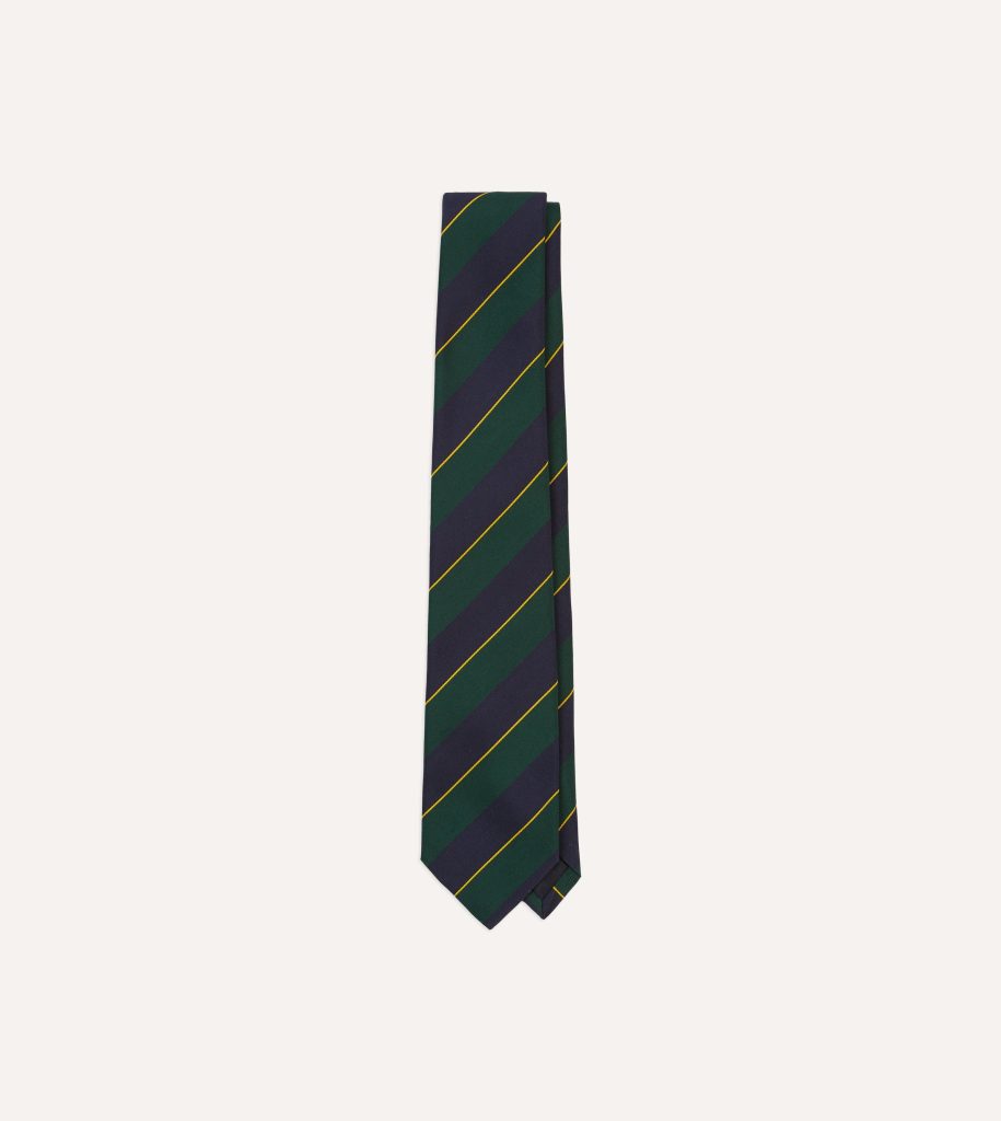 Navy. Green and Yellow Fine Stripe Mogador Silk Tipped Tie