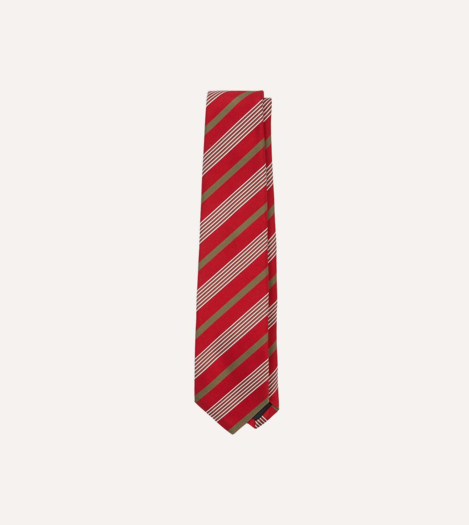 Red. Olive and White Multi Stripe Mogador Silk Tipped Tie