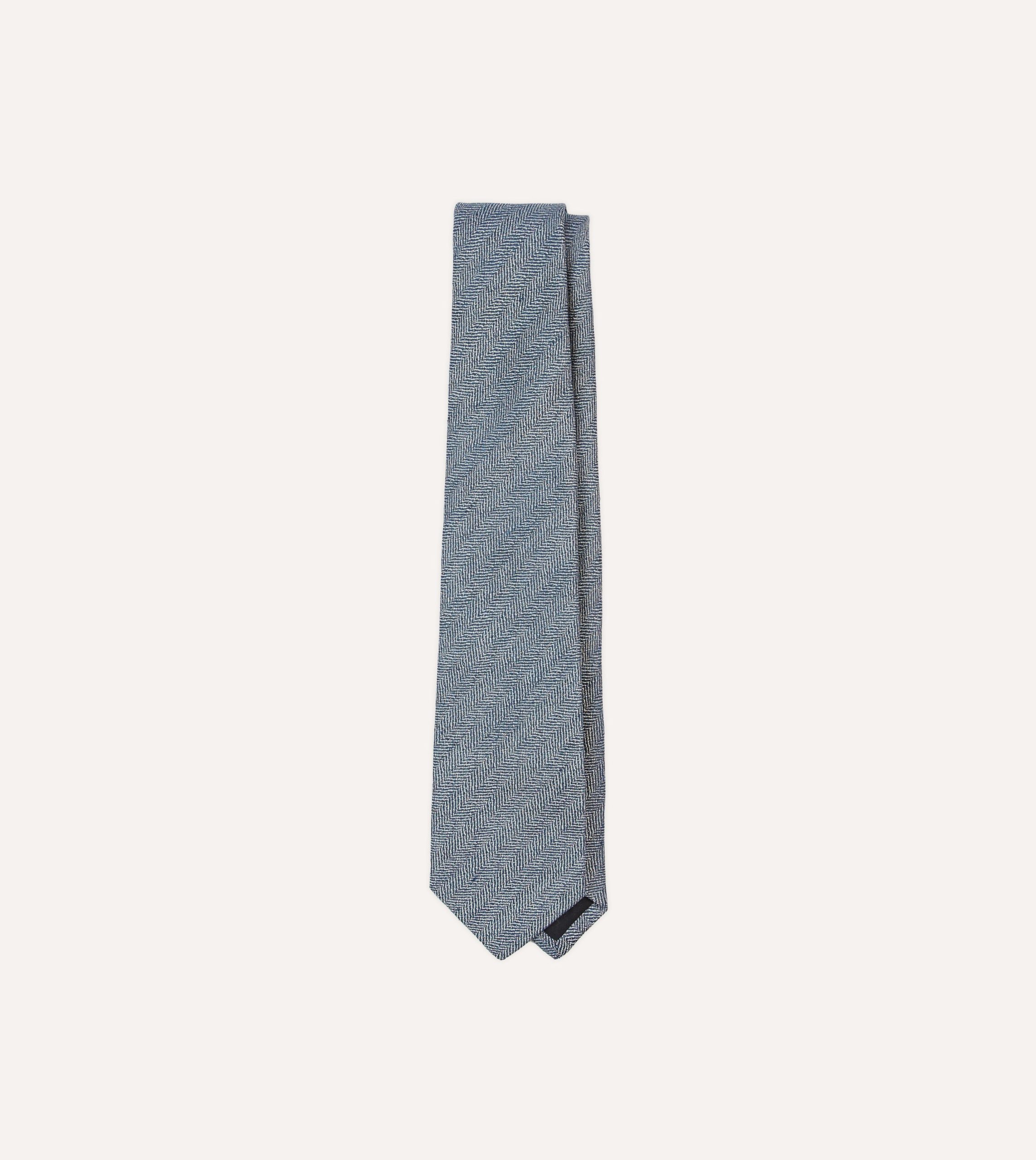 Navy and Ecru Herringbone Linen Silk Tipped Tie