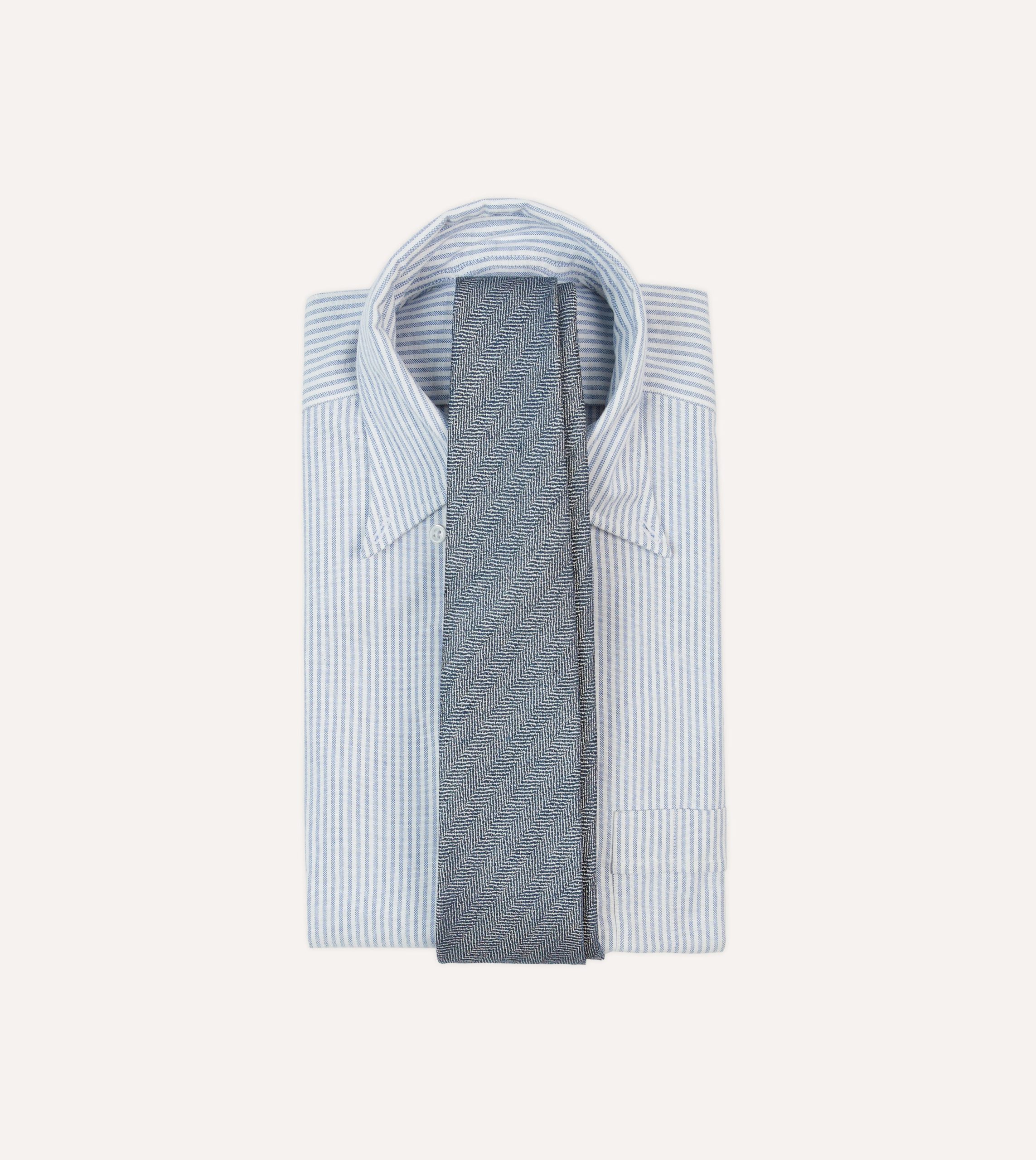 Navy and Ecru Herringbone Linen Silk Tipped Tie - Image 2