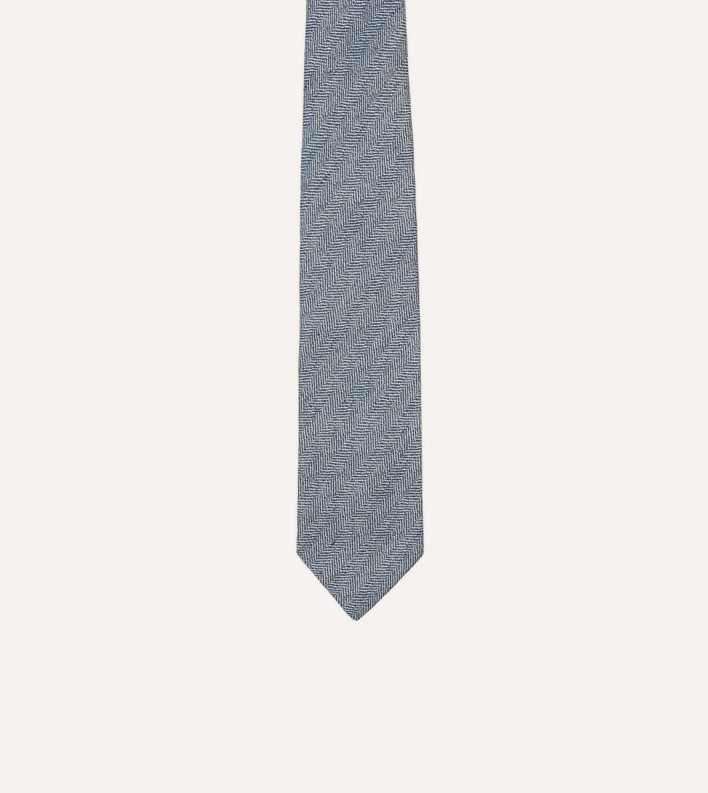 Navy and Ecru Herringbone Linen Silk Tipped Tie - Image 3