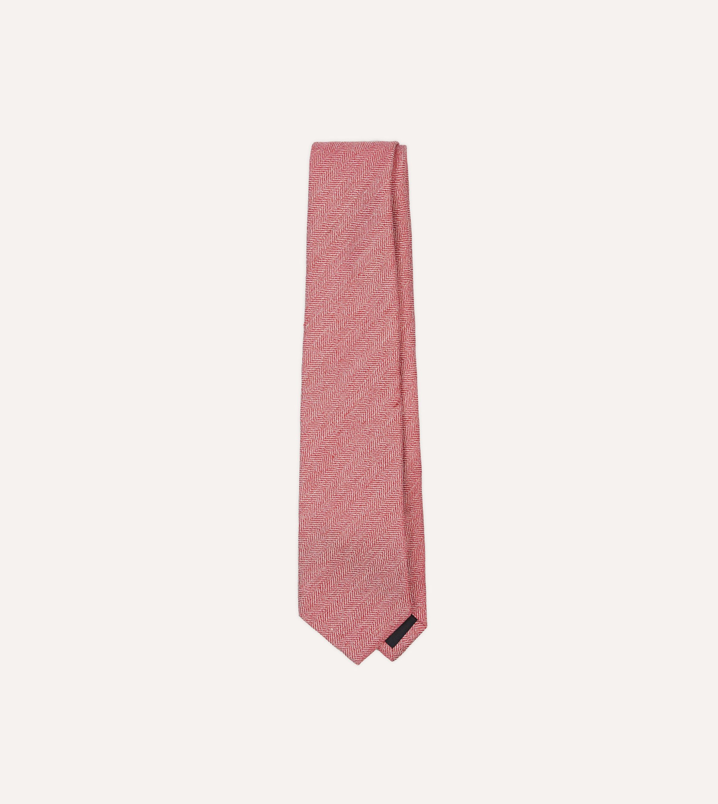 Red and Ecru Herringbone Linen Silk Tipped Tie