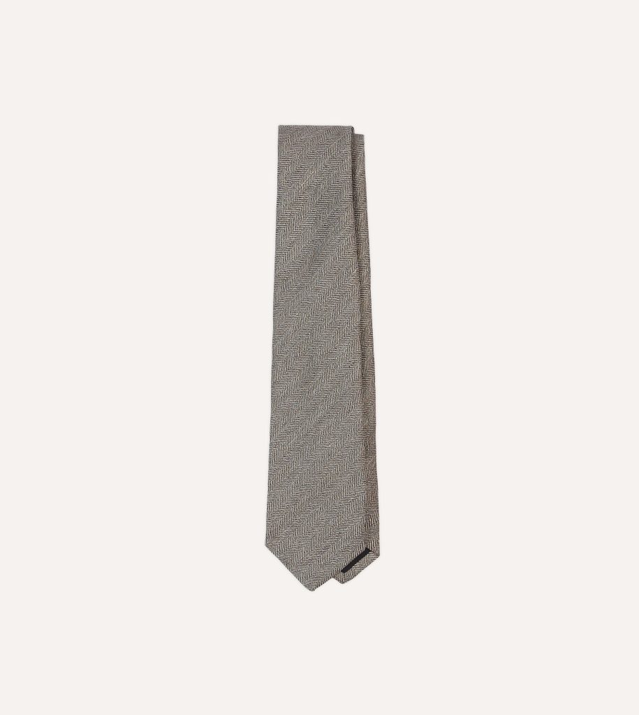 Brown and Ecru Herringbone Linen Silk Tipped Tie