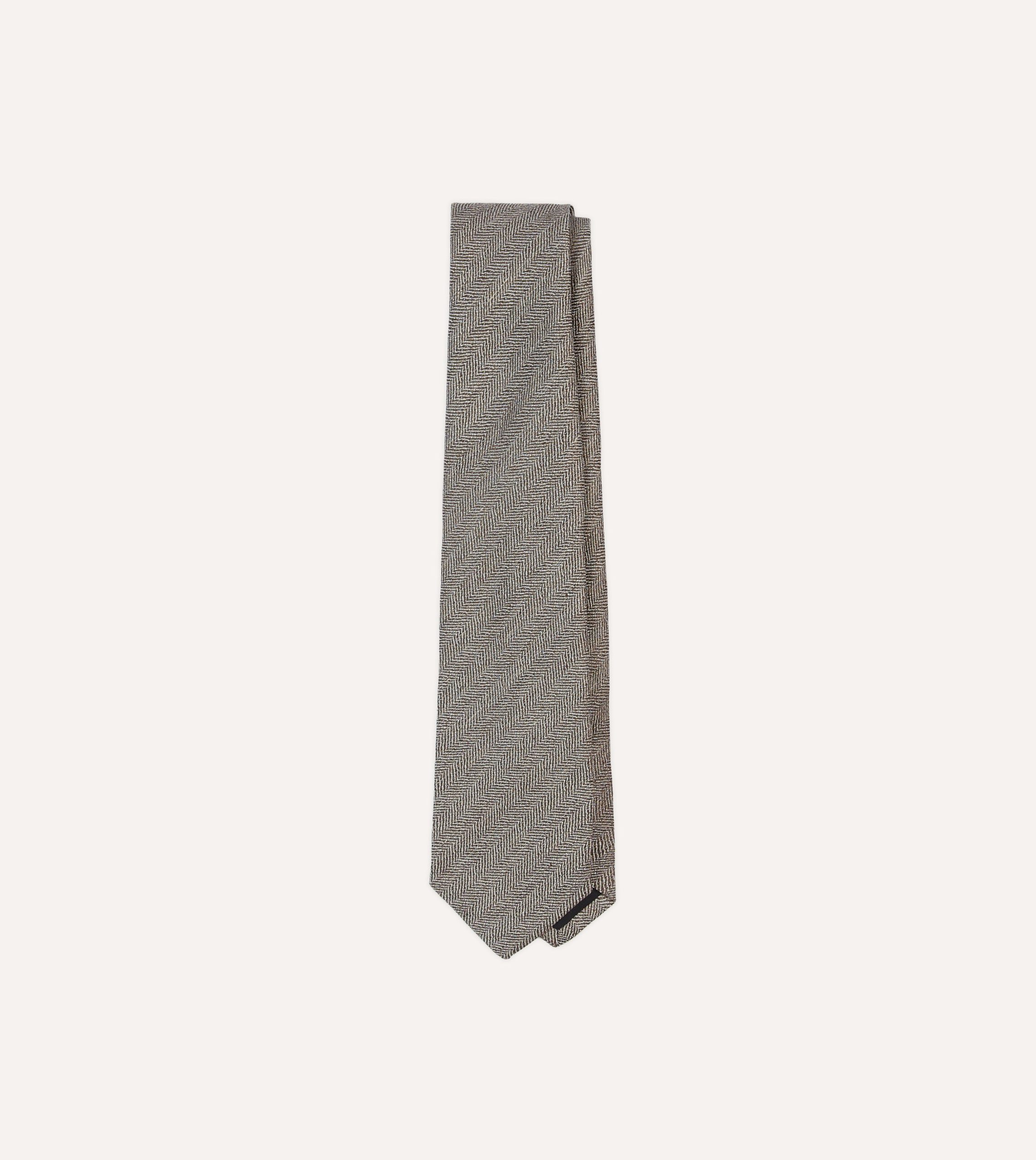 Brown and Ecru Herringbone Linen Silk Tipped Tie
