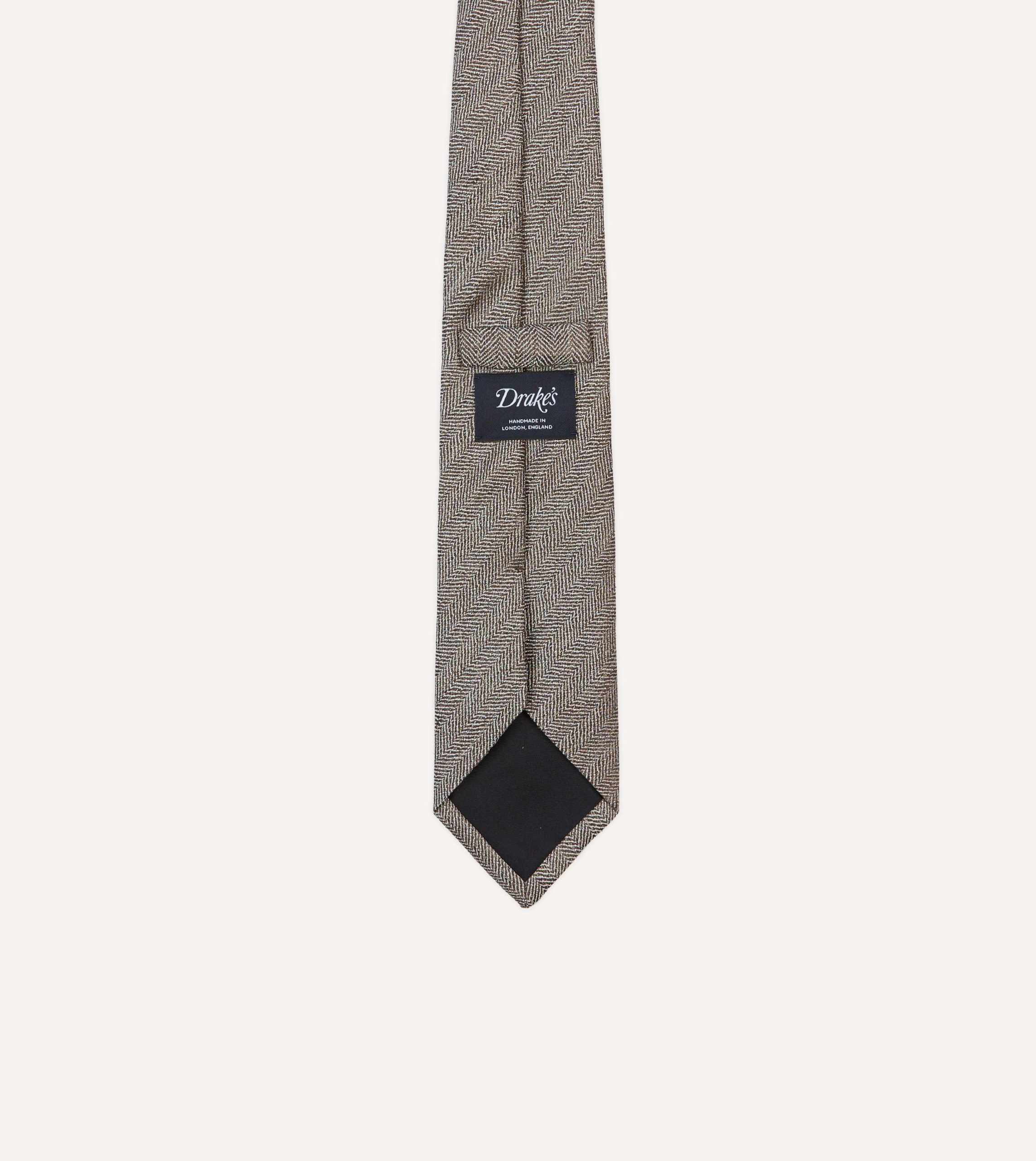 Brown and Ecru Herringbone Linen Silk Tipped Tie - Image 4