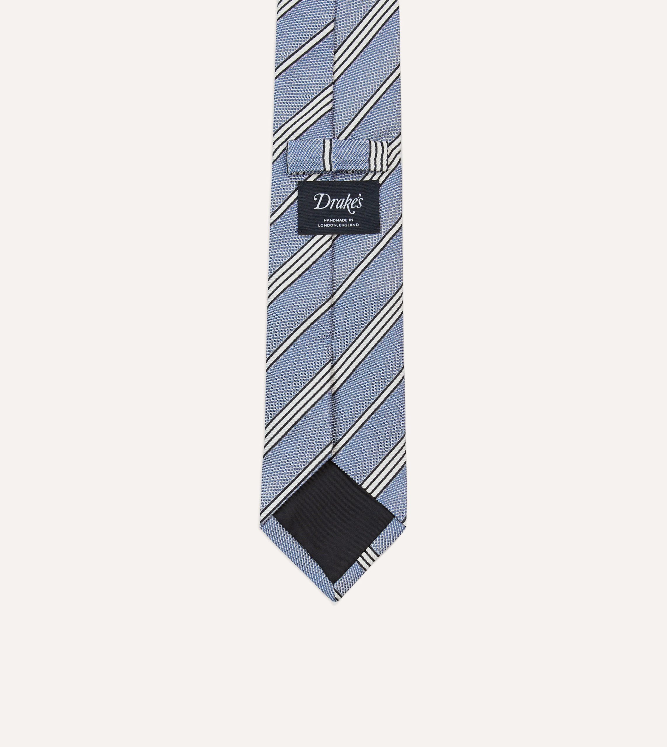 Blue. Navy and Ecru Twill Stripe Tipped Silk Grenadine Tie - Image 4