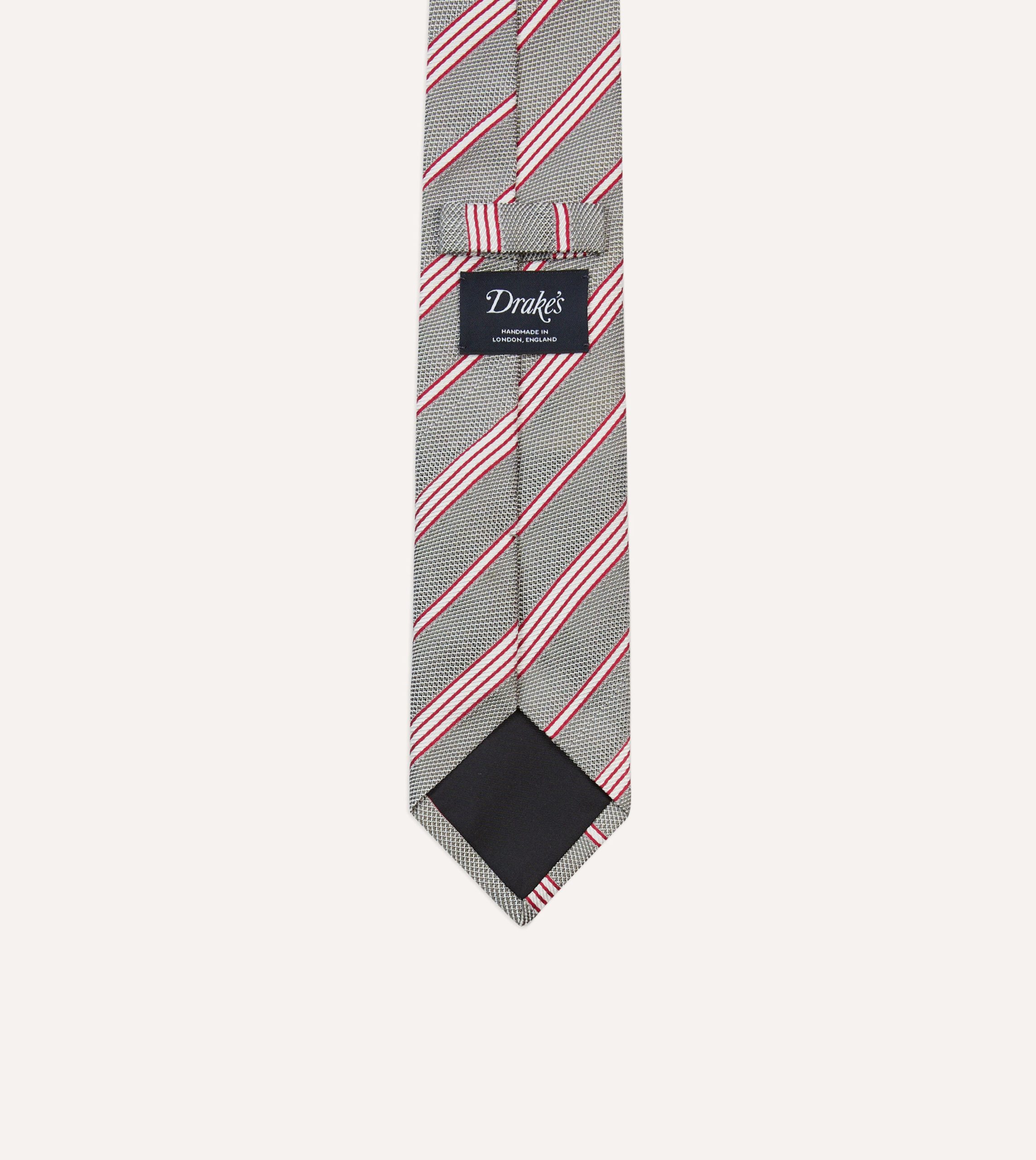 Grey. Red and Ecru Twill Stripe Tipped Silk Grenadine Tie - Image 4