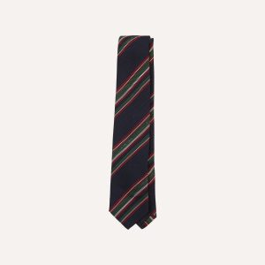 Navy. Green and Red Stripe Hand Rolled Silk Grenadine Tie