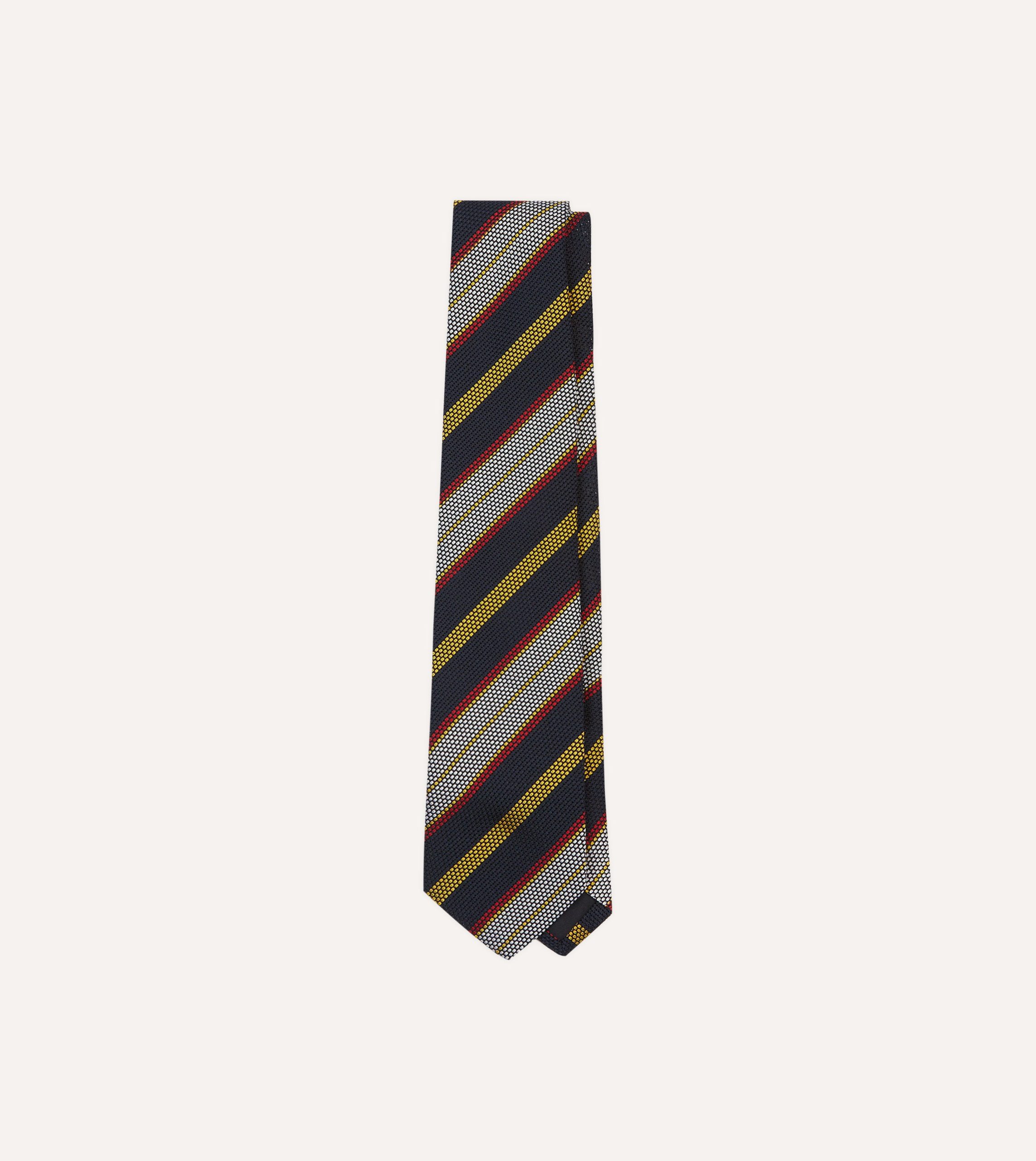 Navy. Yellow. Red and White Multi Stripe Tipped Silk Grenadine Tie