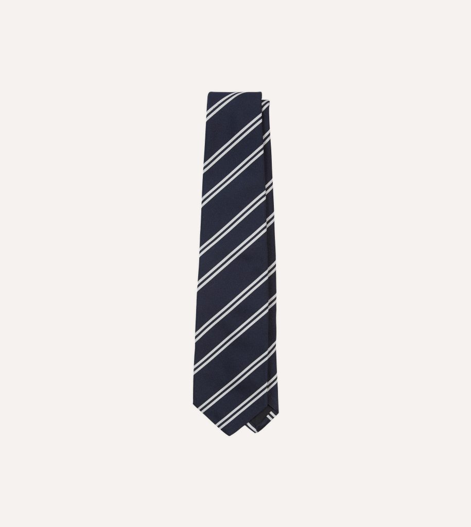 Navy and Ecru Double Stripe Repp Silk Tipped Tie