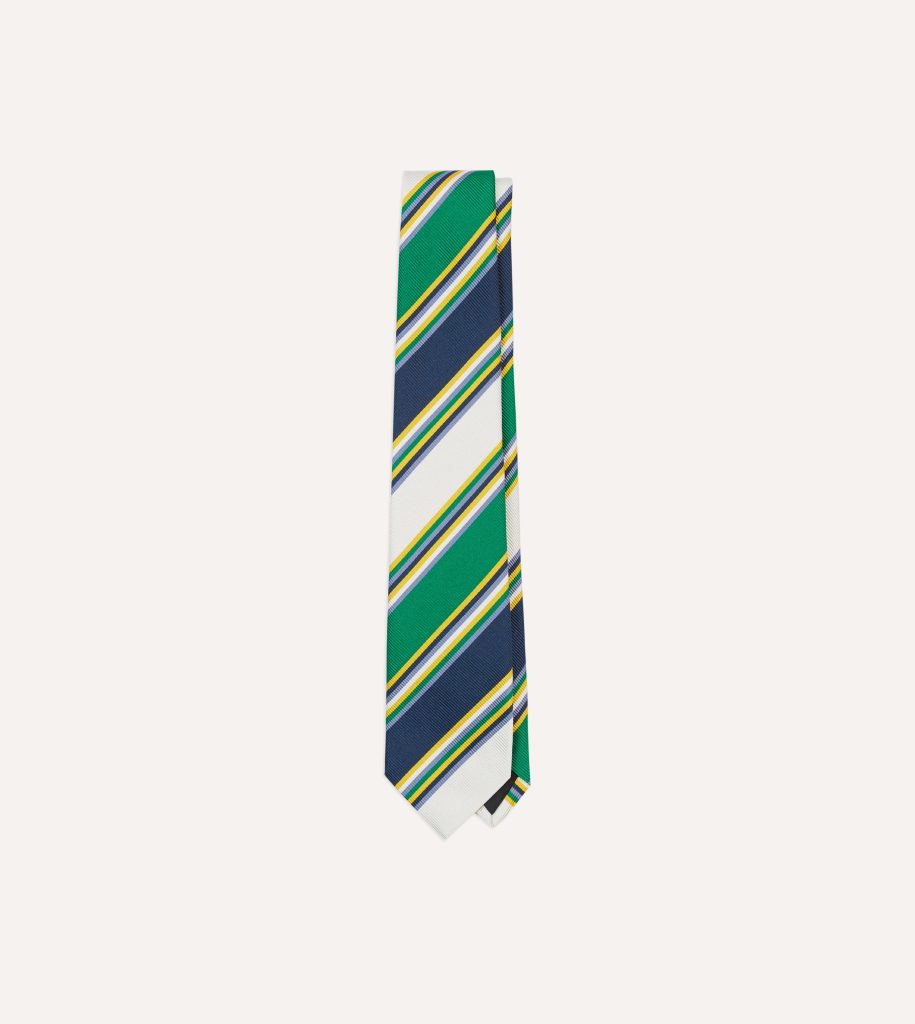 Navy. Green and White Stripe Mogador Silk Tipped Tie