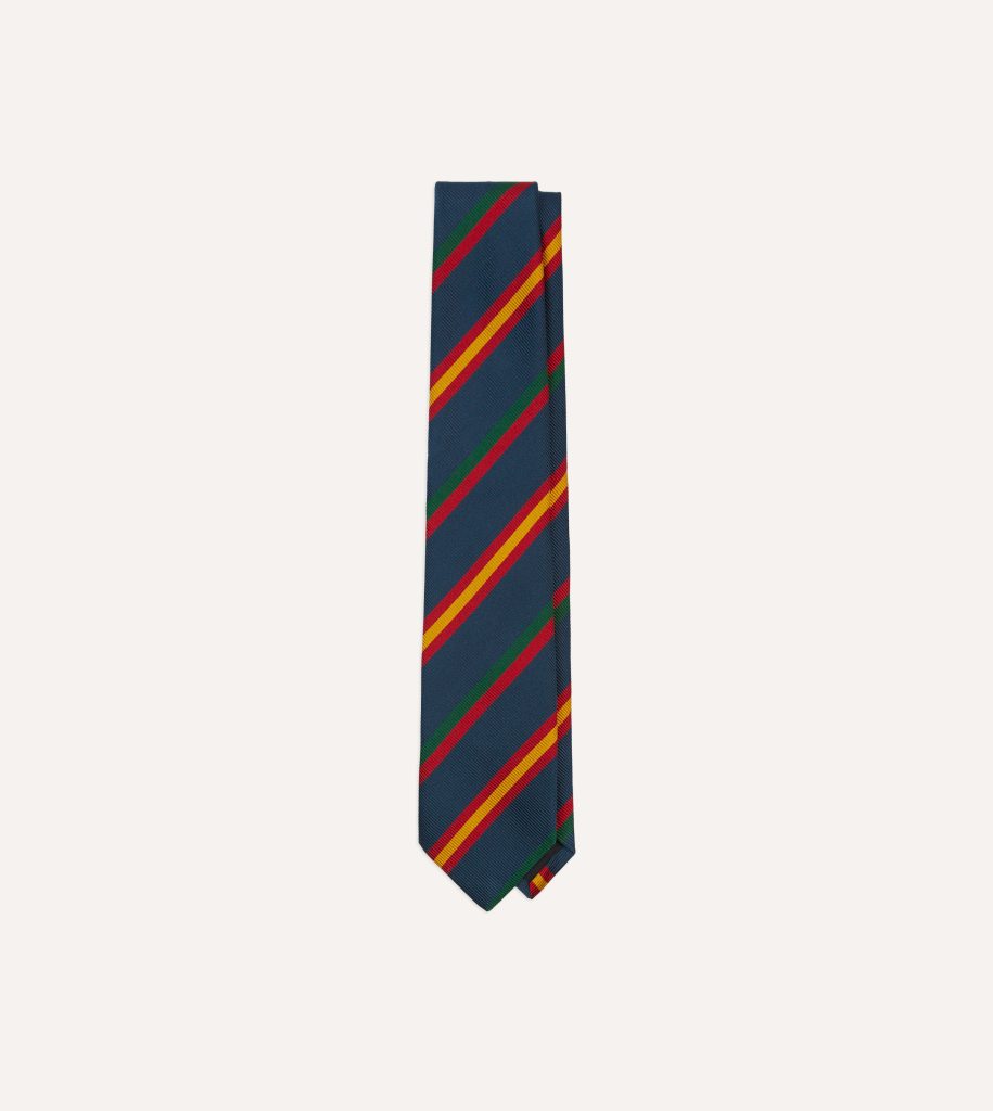 Navy. Red and Yellow Stripe Repp Silk Tipped Tie