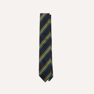 Navy. Green and Blue Sandwich Stripe Repp Silk Tipped Tie