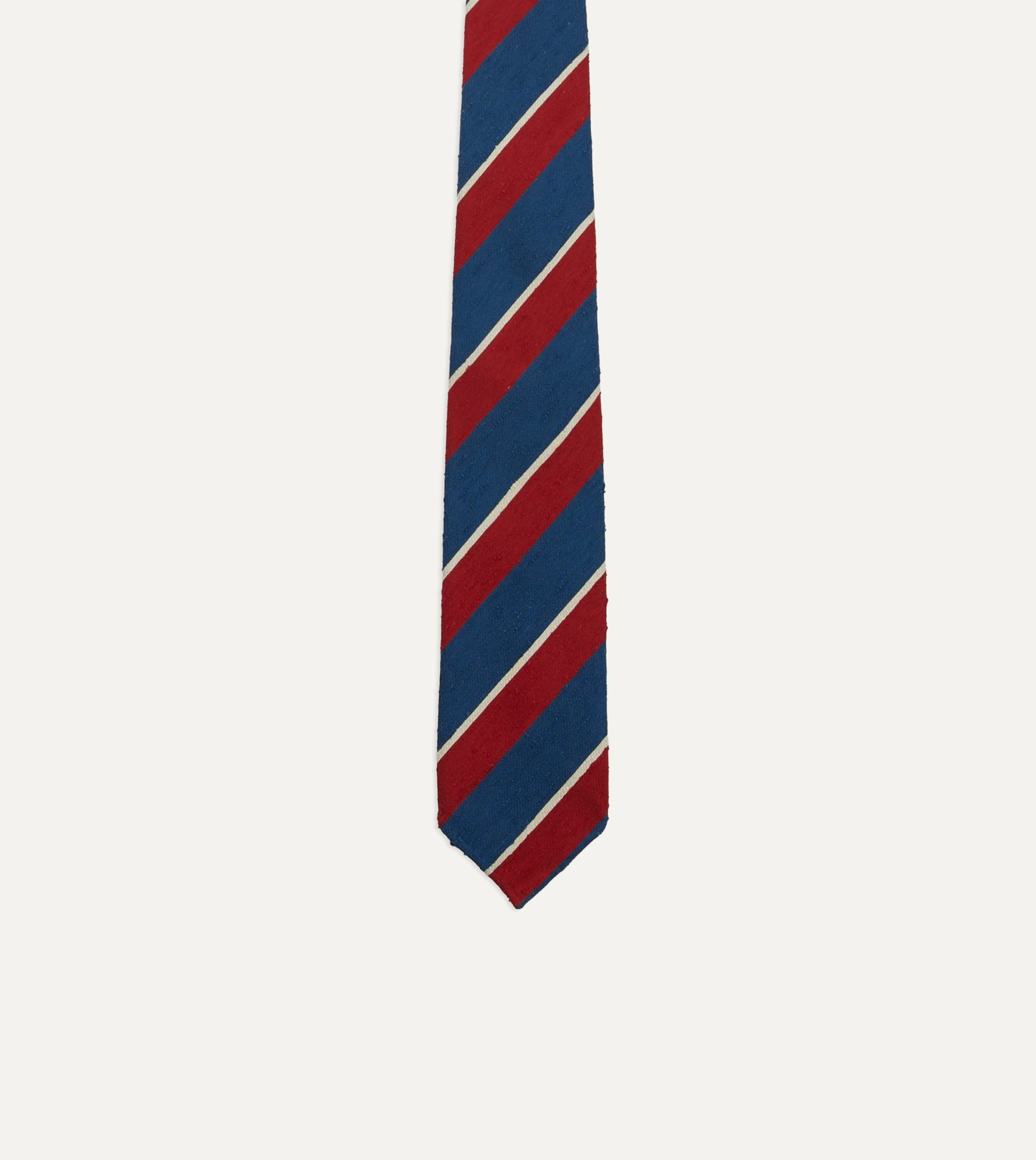 Red. Blue and White Stripe Shantung Silk Tie - Image 4