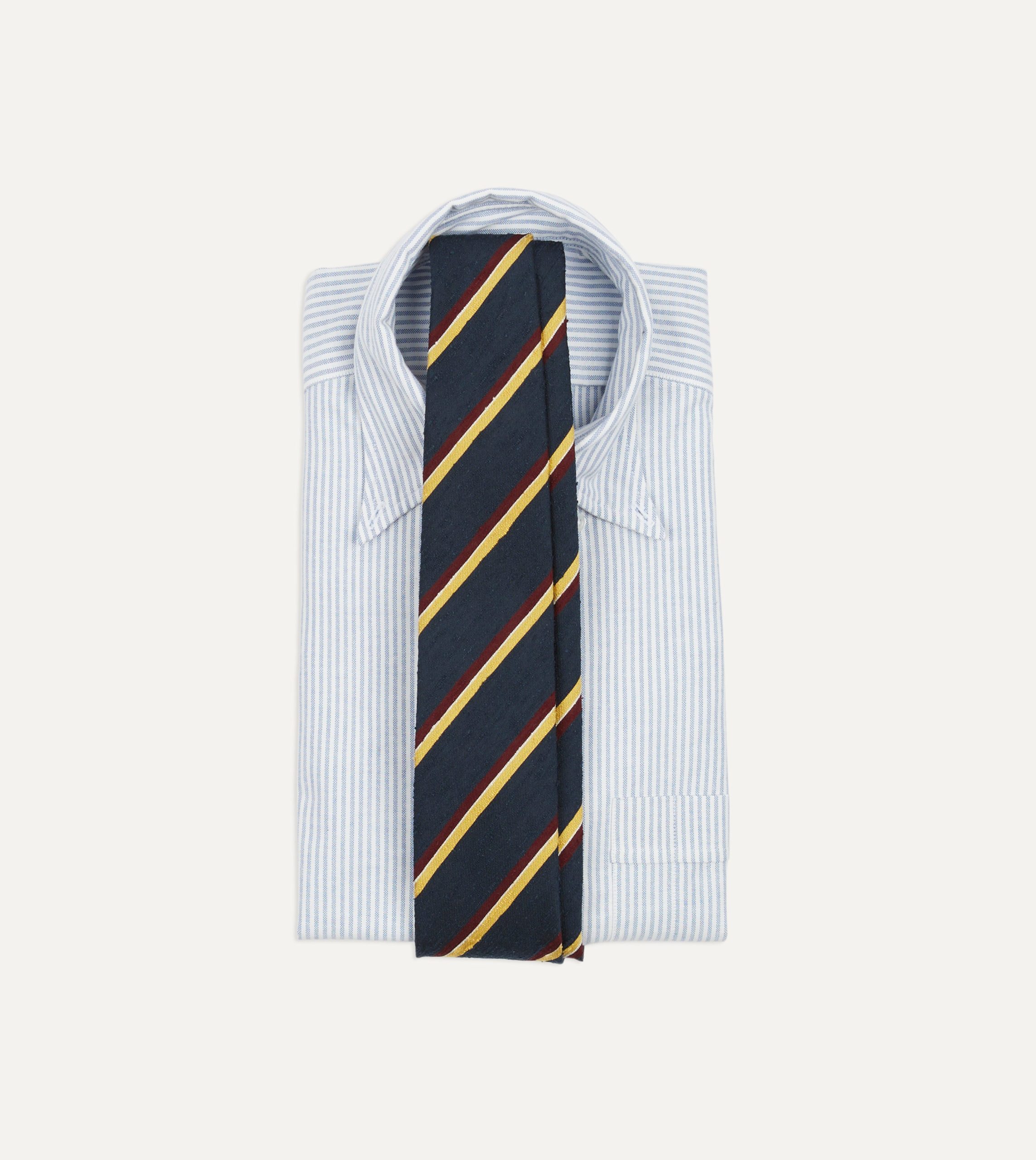 Navy. Red and Yellow Stripe Shantung Silk Tie - Image 2