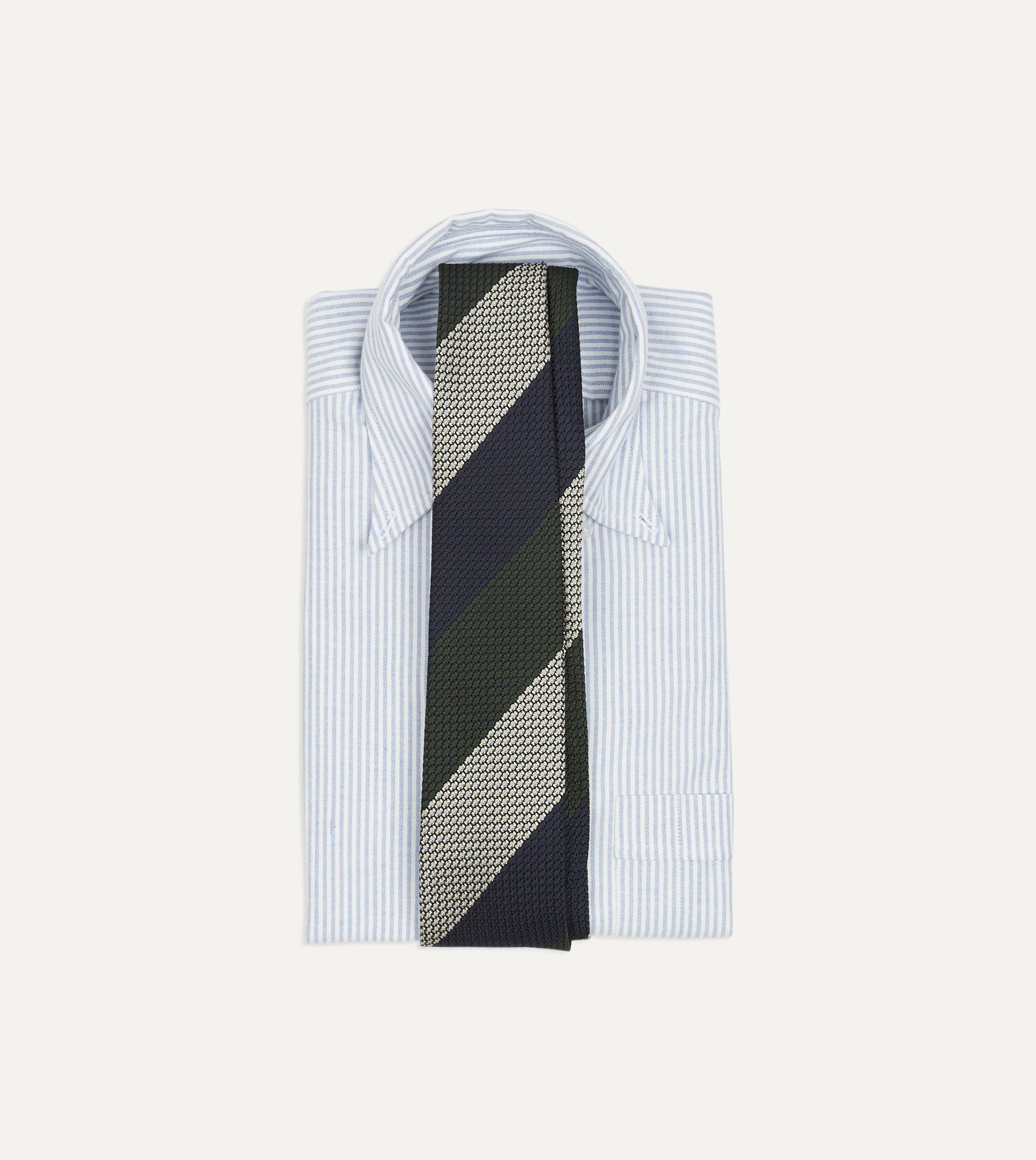 Navy. Green and White Wide Stripe Silk Grenadine Tie - Image 2