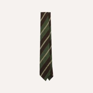 Brown and Green Block Stripe Herringbone Hand Rolled Shetland Wool Tie