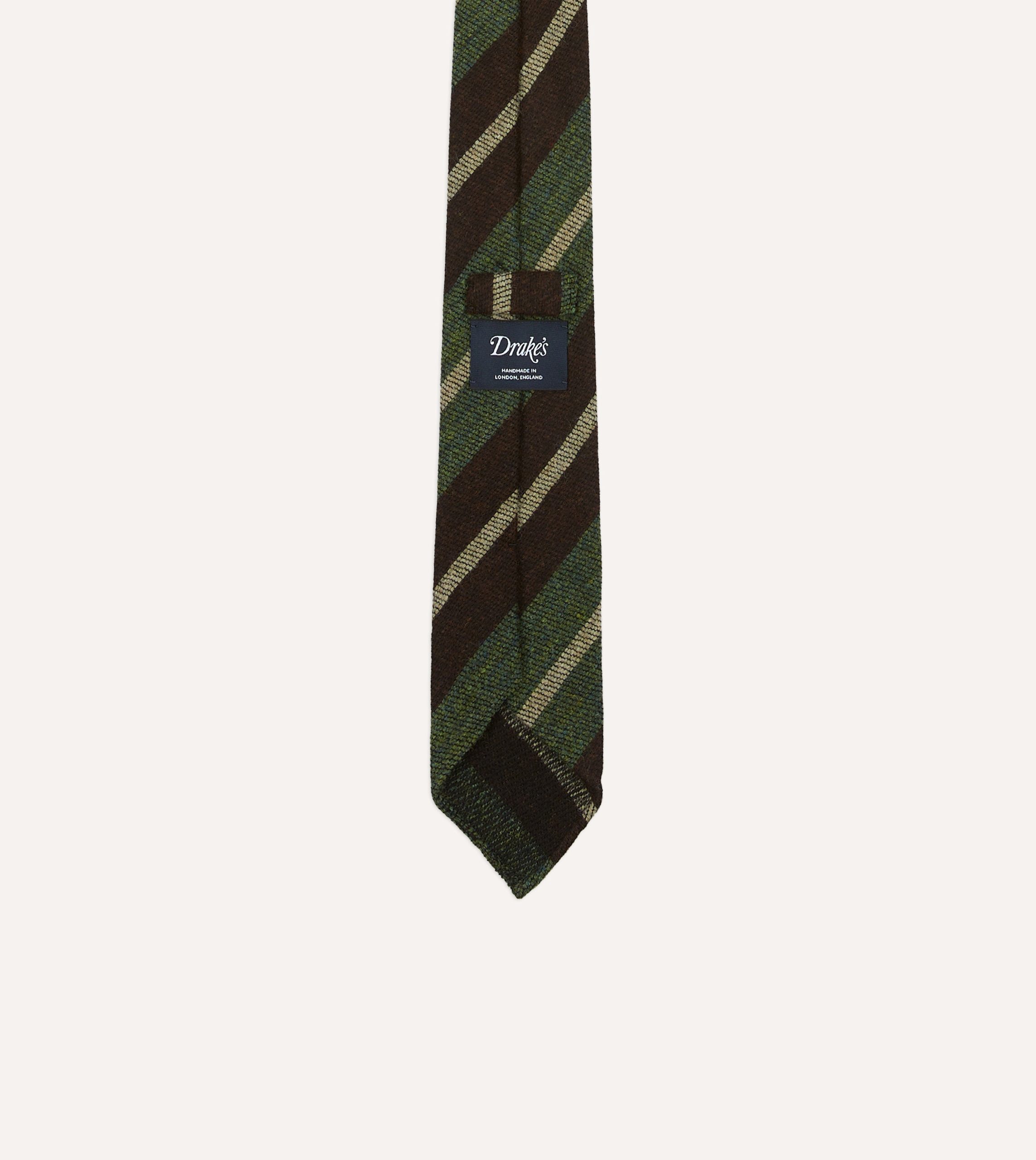 Brown and Green Block Stripe Herringbone Hand Rolled Shetland Wool Tie - Image 3