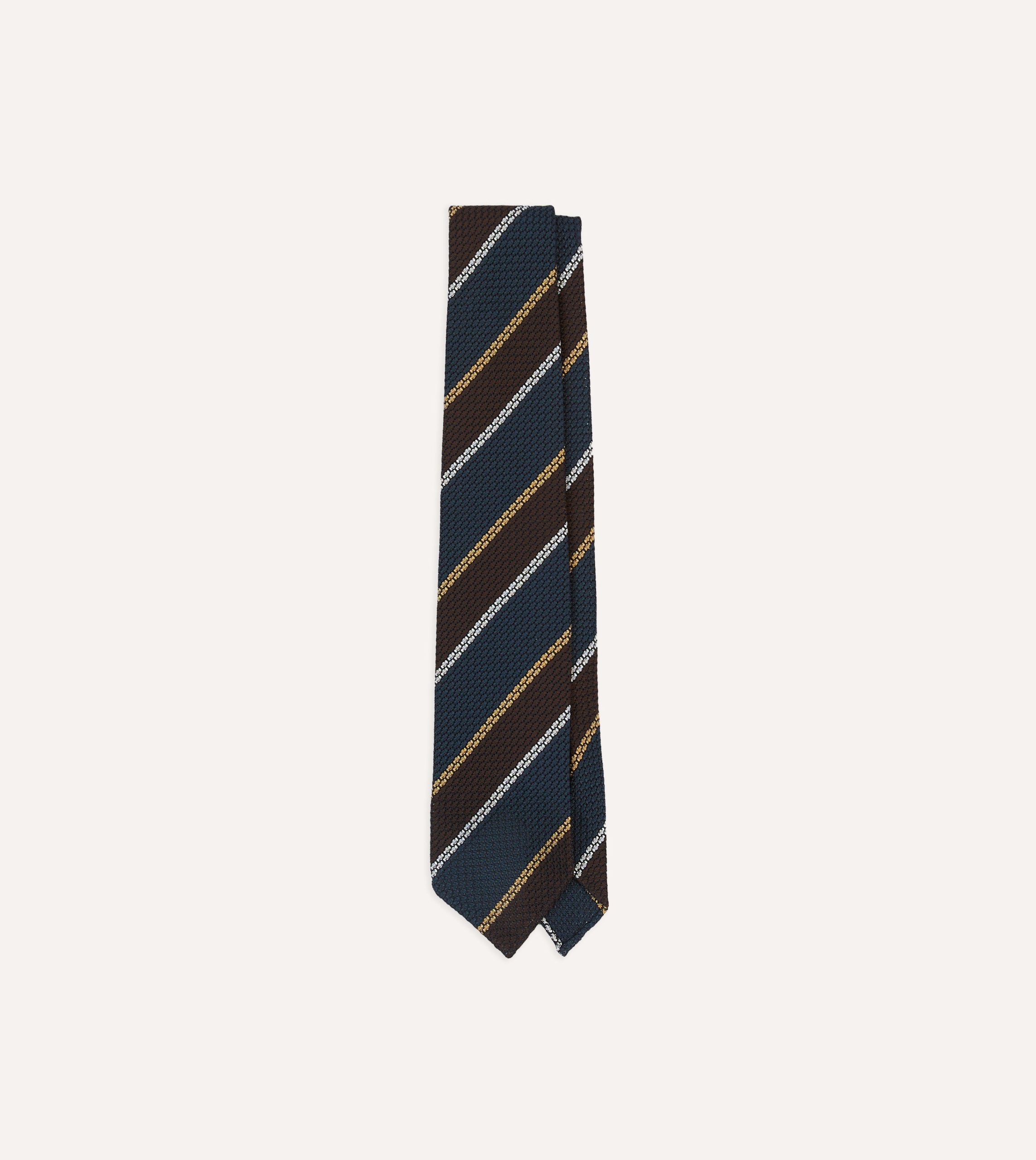 Navy. White and Brown Stripe Hand Rolled Silk Grenadine Tie