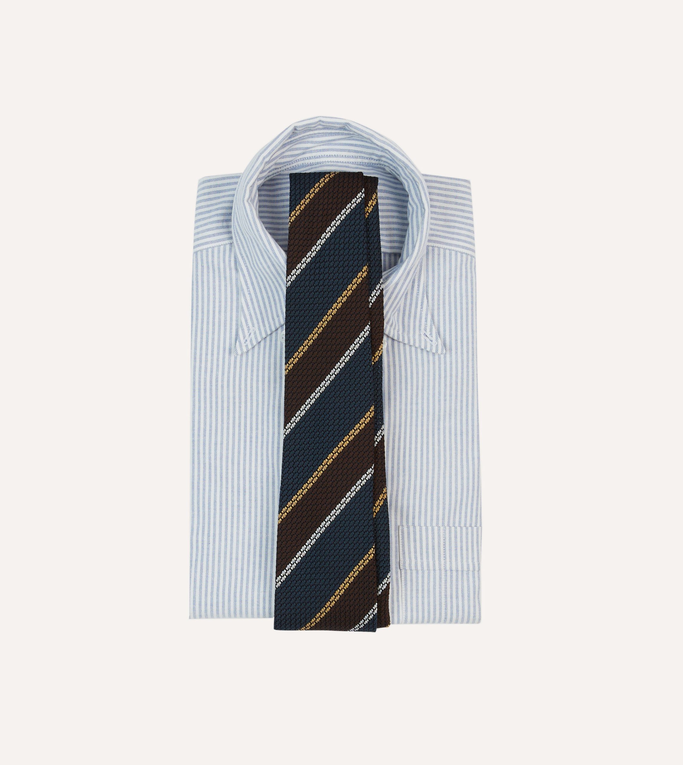 Navy. White and Brown Stripe Hand Rolled Silk Grenadine Tie - Image 2